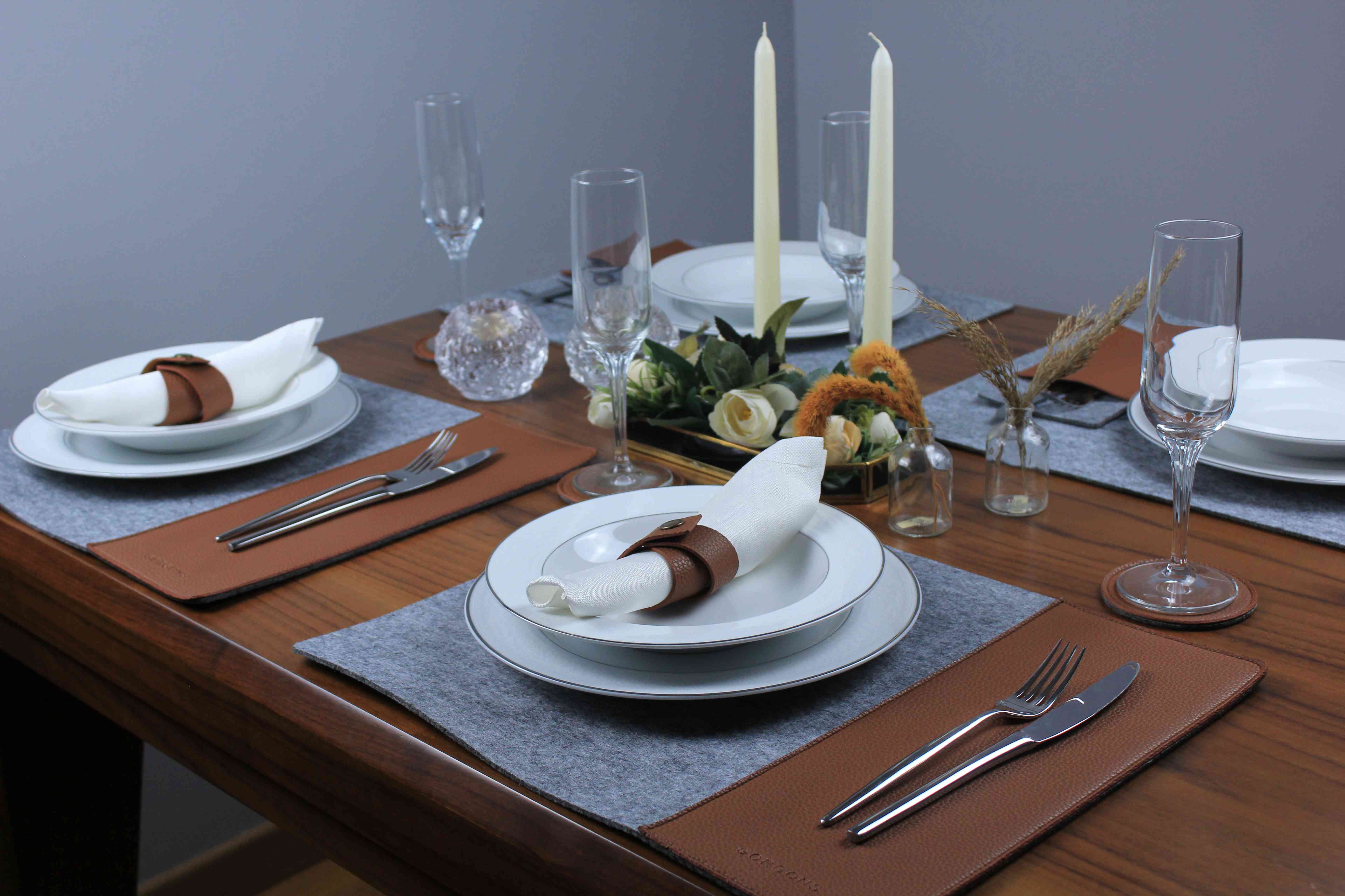 Rectangle Leather and Gray Felt Placemat Set