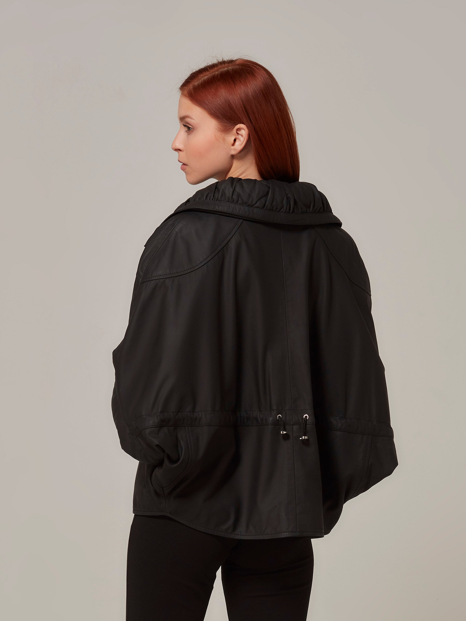 Matte Black Leather Jacket Short Sleeve back pose