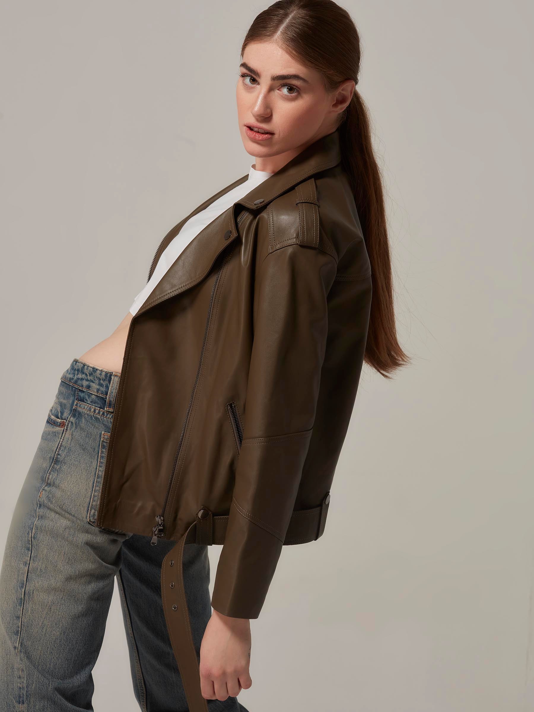 Green Oversized Leather Motorcycle Jacket side pose