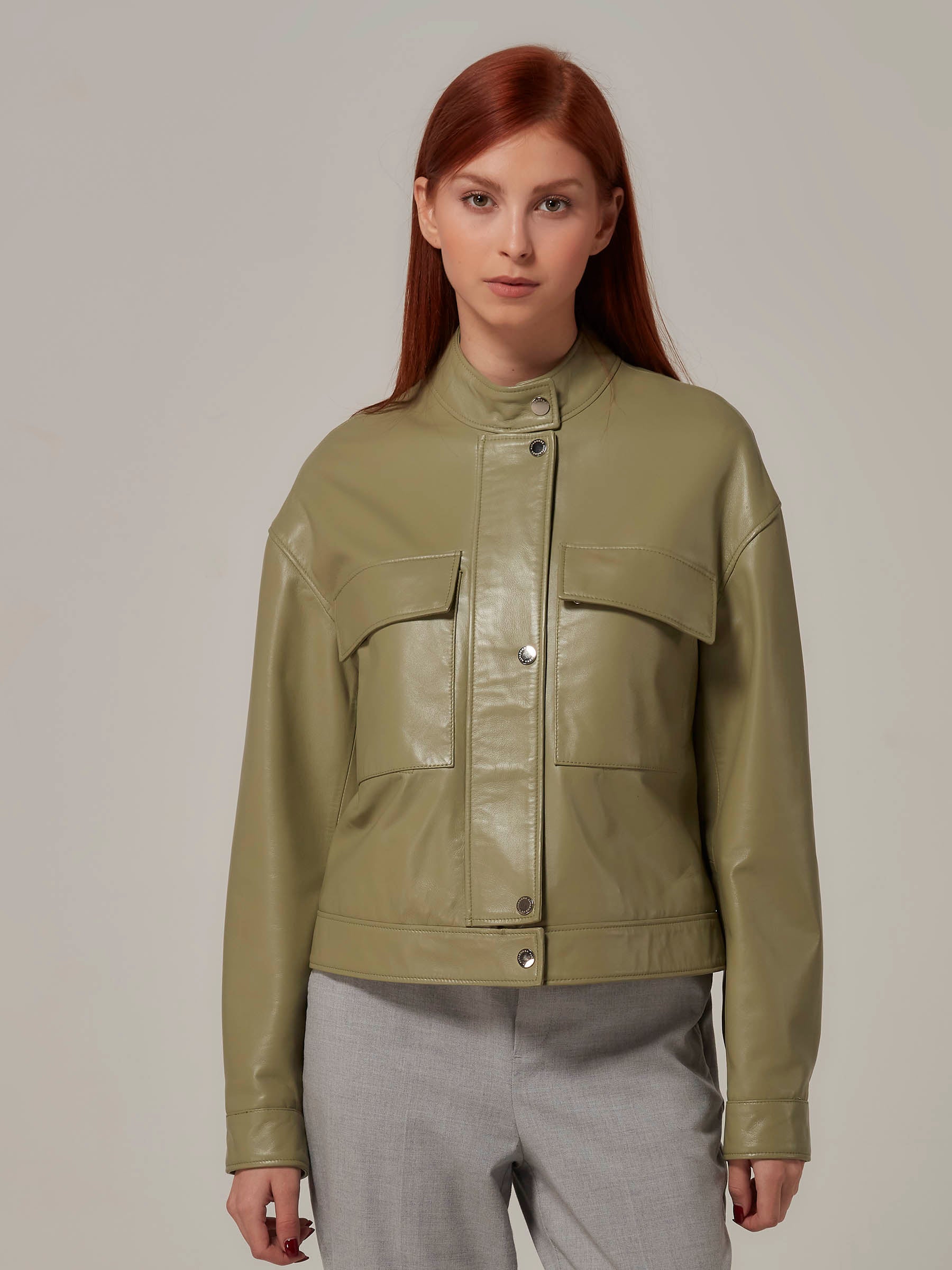Olive Green Leather Jacket Basic Design front
