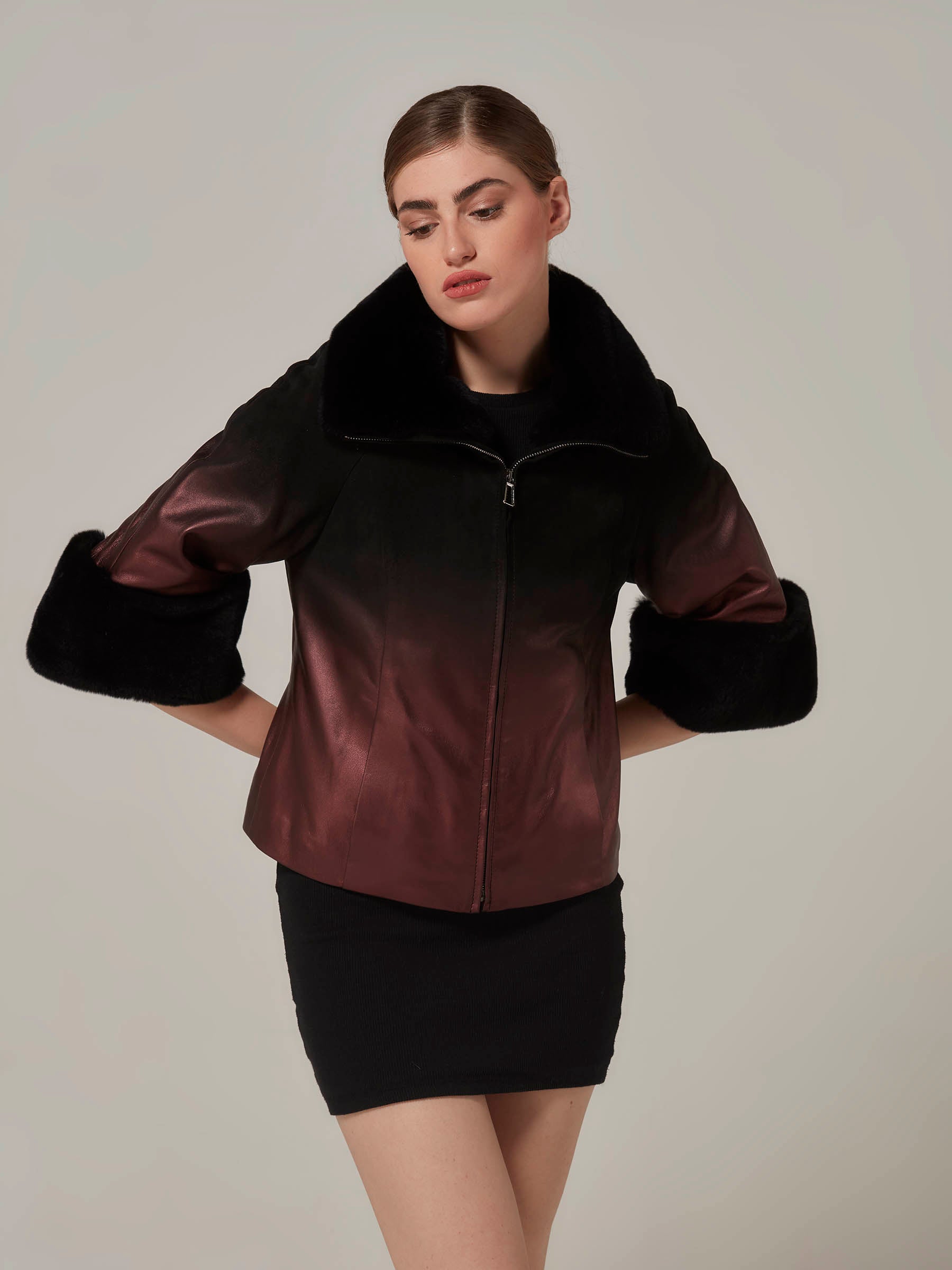 Copper Leather Black Suede Gradient Jacket - Rex Fur Details | GORGONS