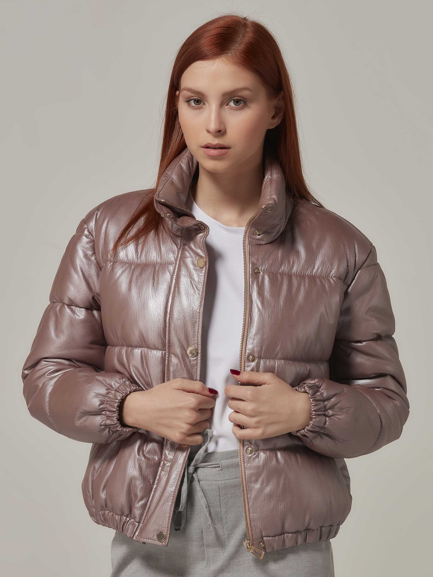 Rose Gold Leather Puffer Jacket