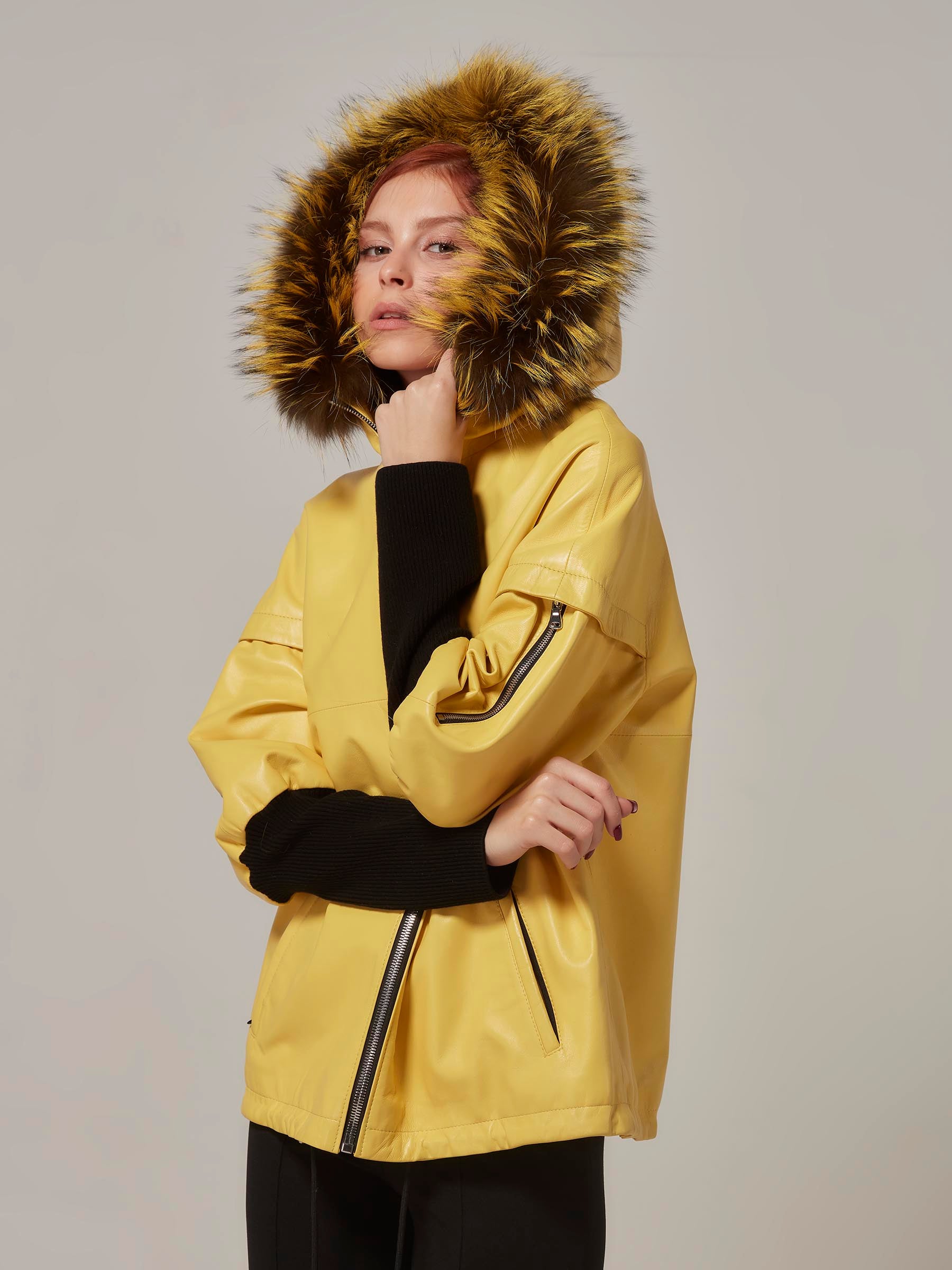 Yellow Leather Jacket with Wool Sleeve and Fox Fur Hood