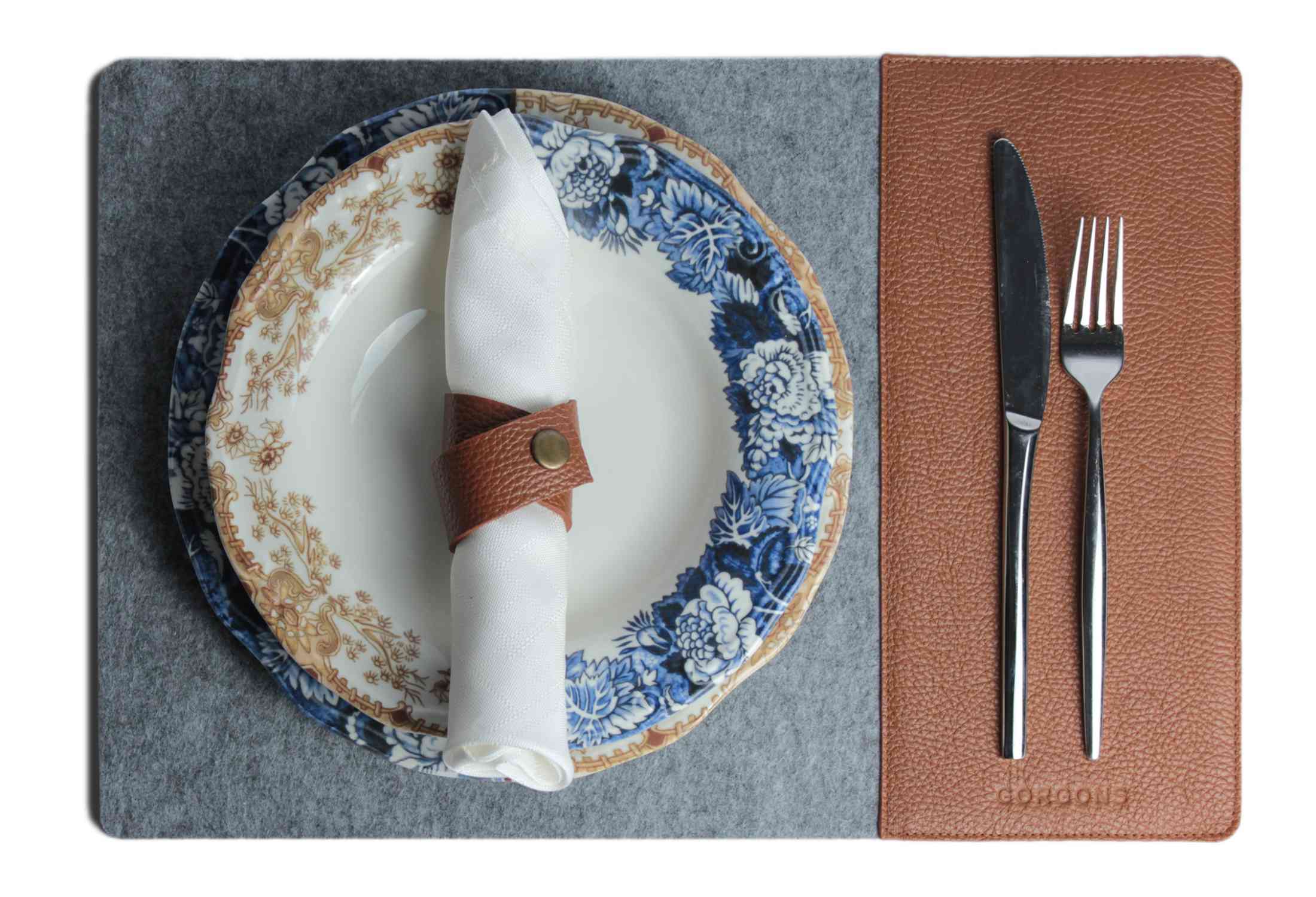 Rectangle Leather and Gray Felt Placemat Set