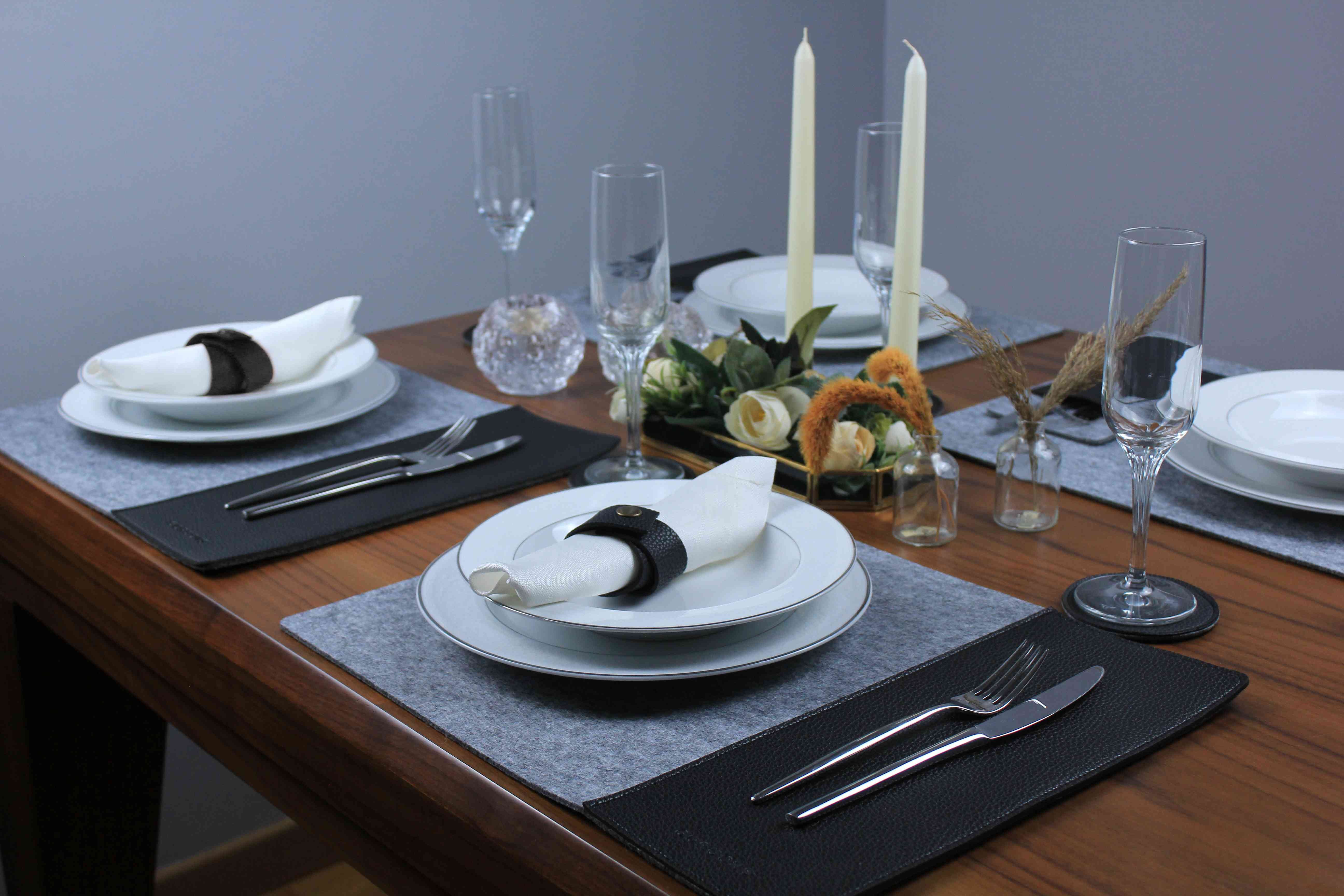 Rectangle Leather and Gray Felt Placemat Set