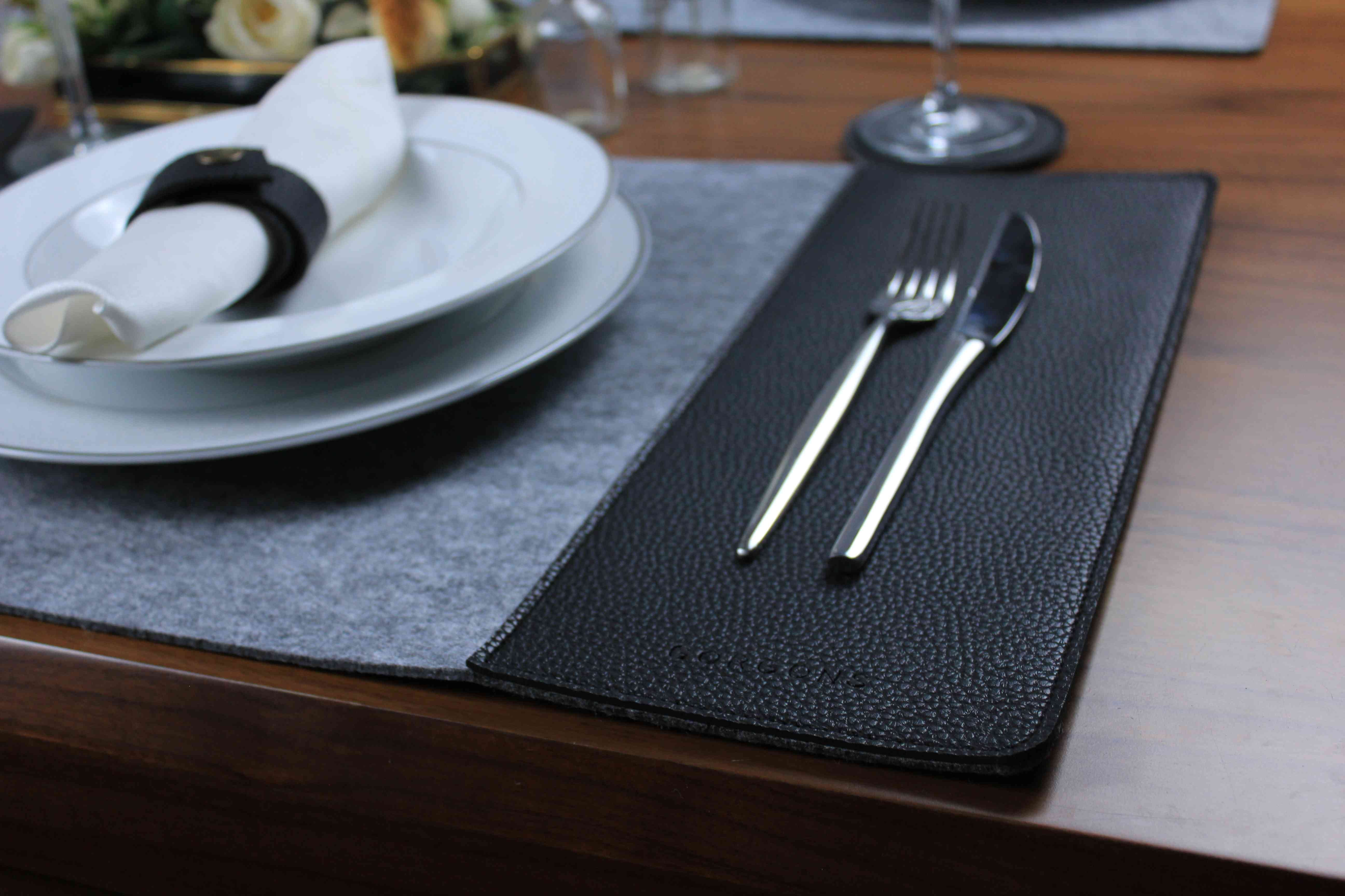 Rectangle Leather and Gray Felt Placemat Set