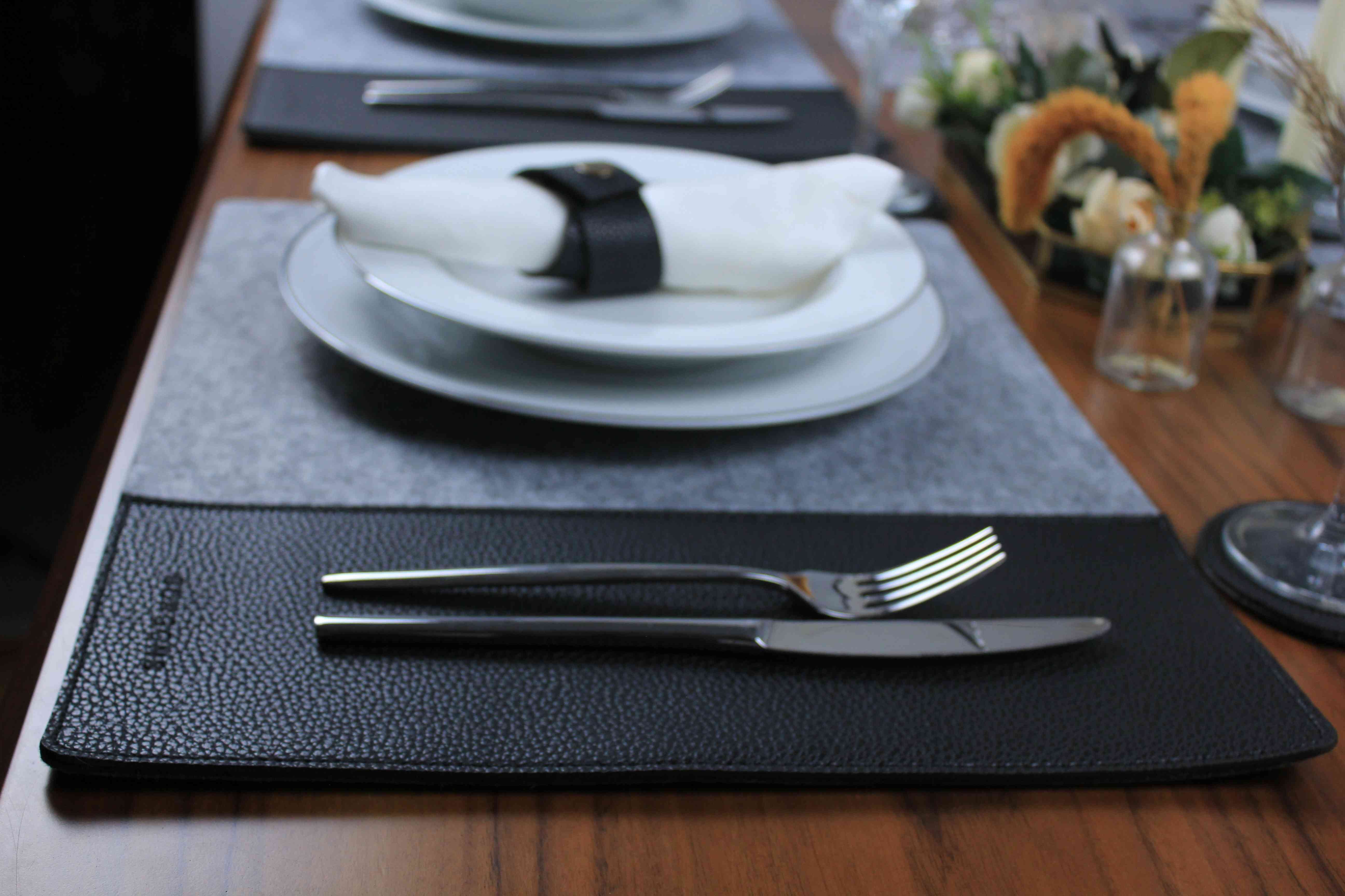 Rectangle Leather and Gray Felt Placemat Set