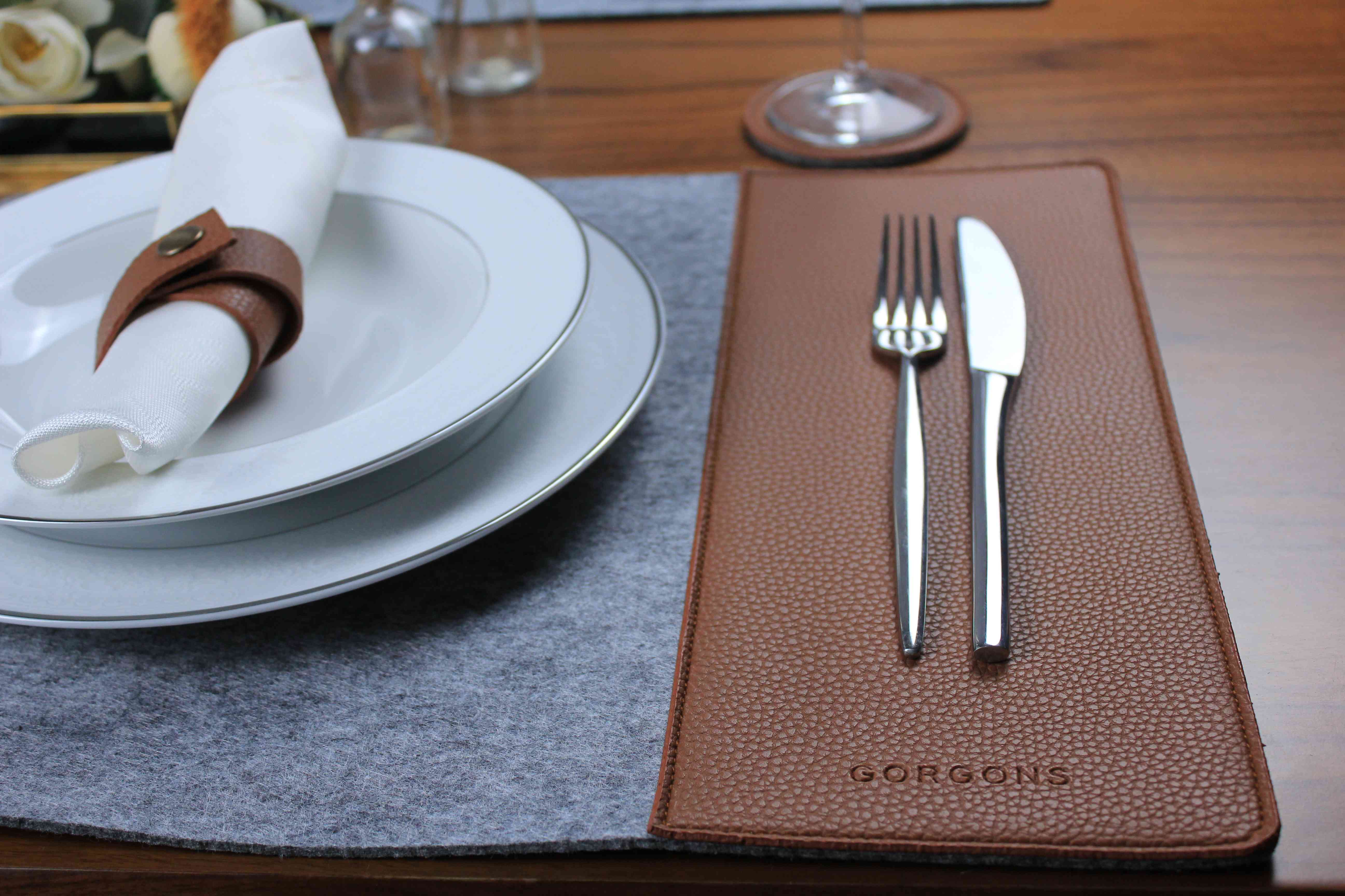 Rectangle Leather and Gray Felt Placemat Set