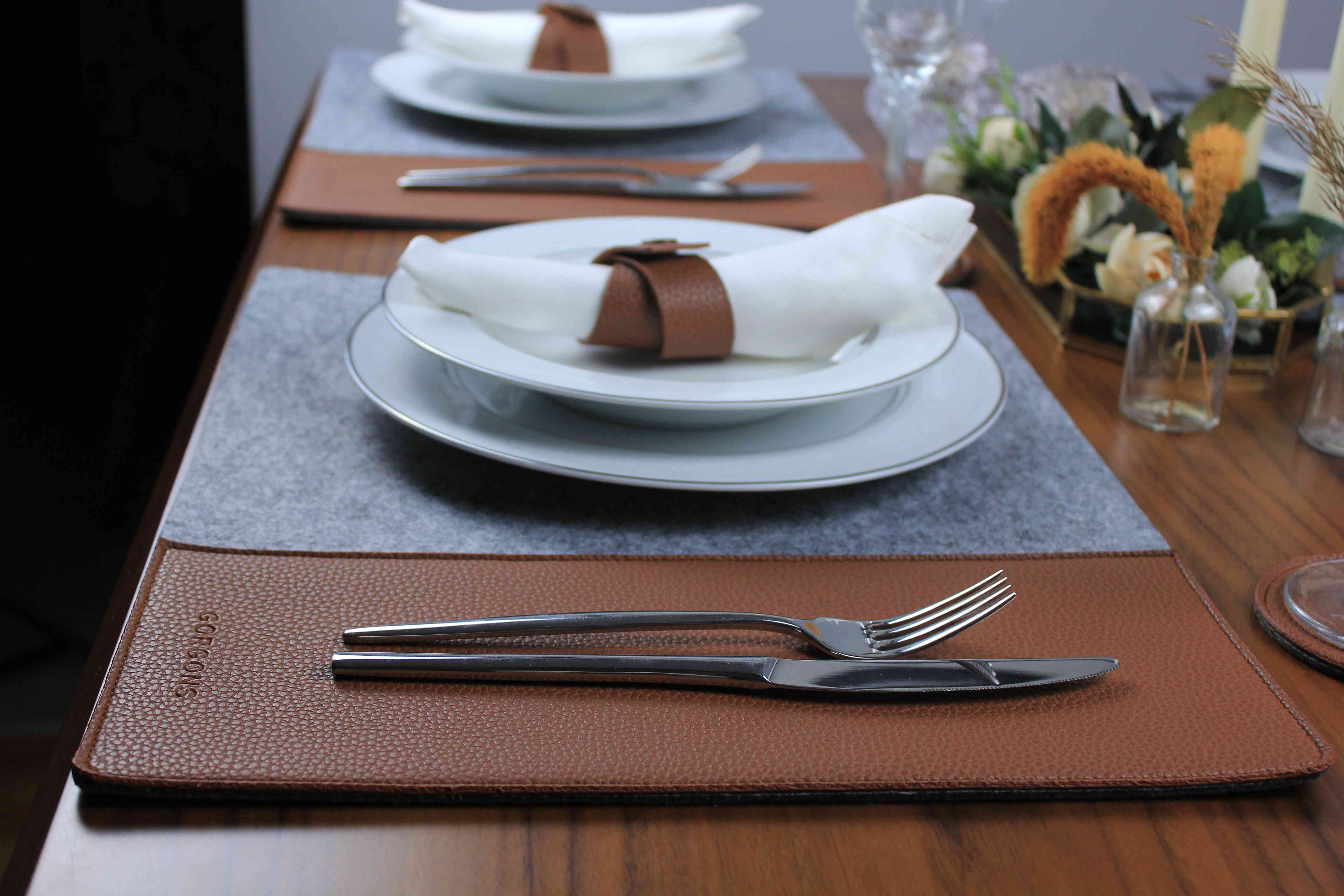 Rectangle Leather and Gray Felt Placemat Set