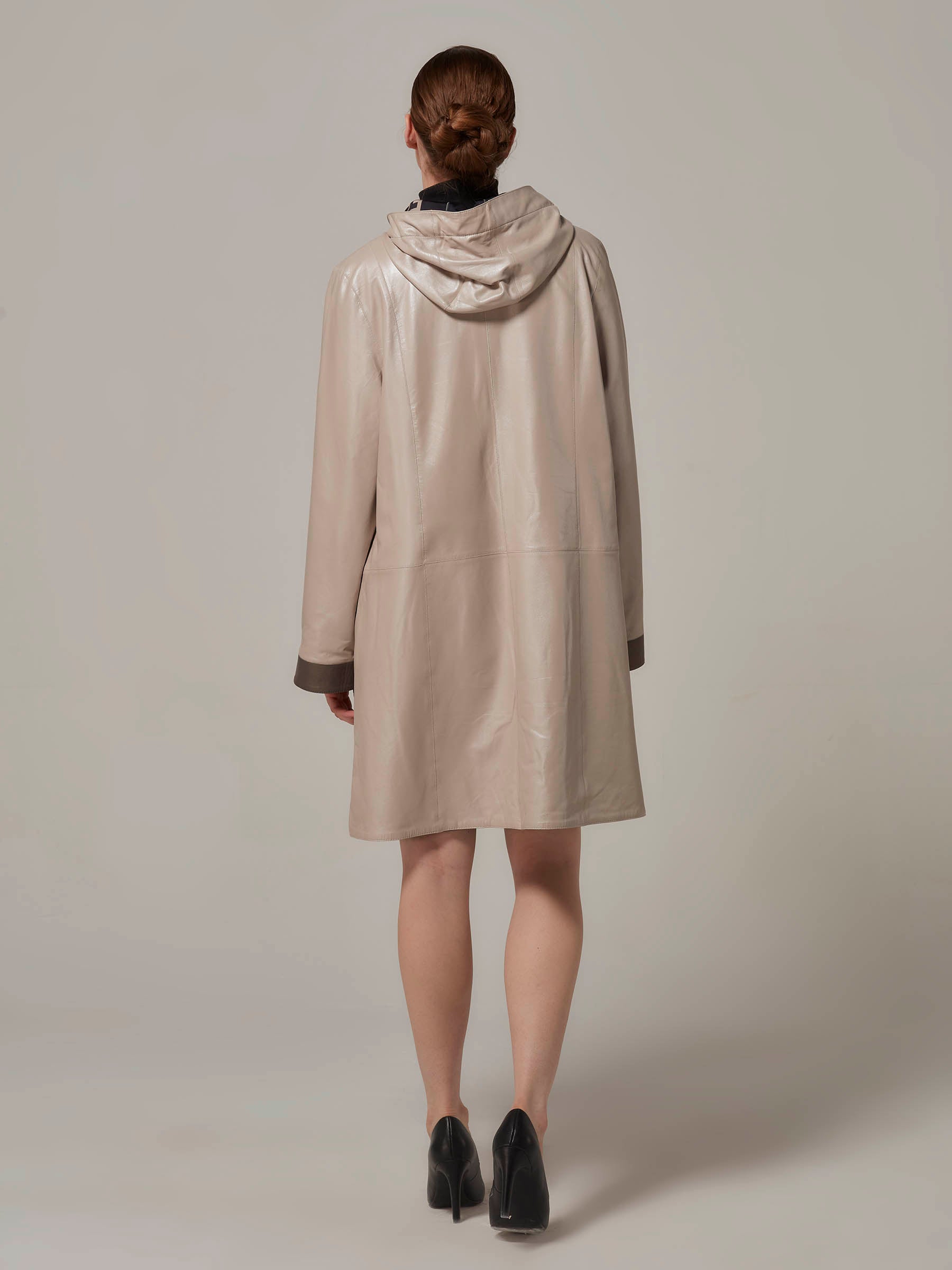 Beige and Brown Leather Coat with Hood Back