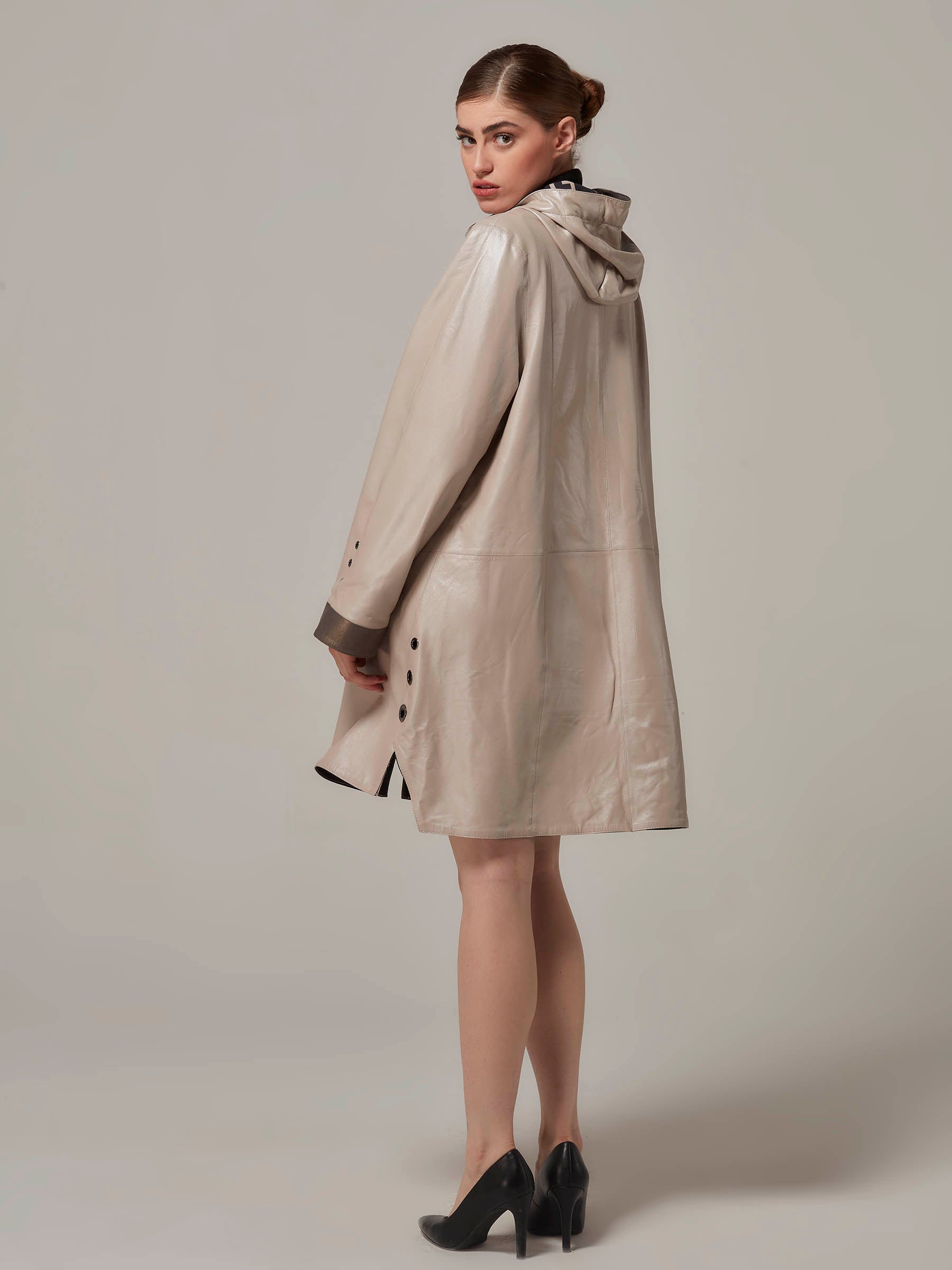 Beige and Brown Leather Coat with Hood Side