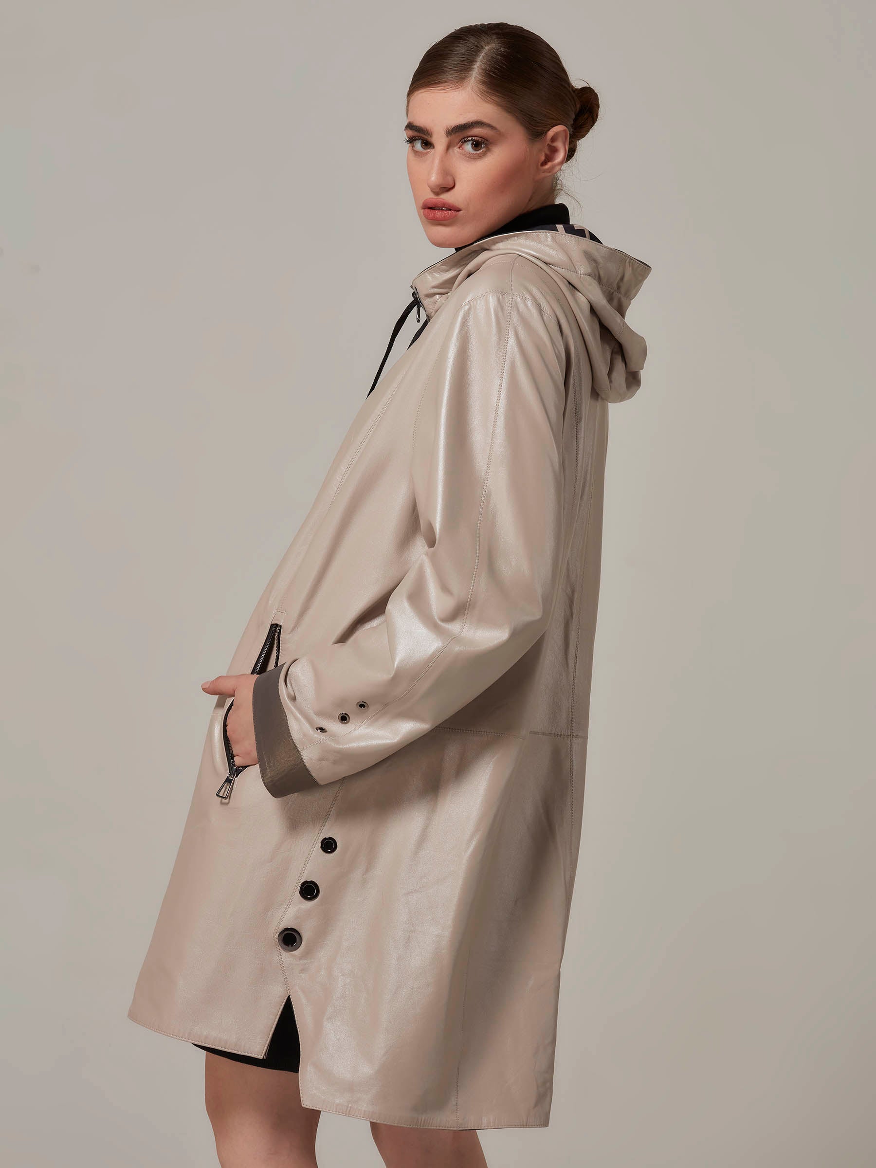 Beige and Brown Leather Coat with Hood Side full