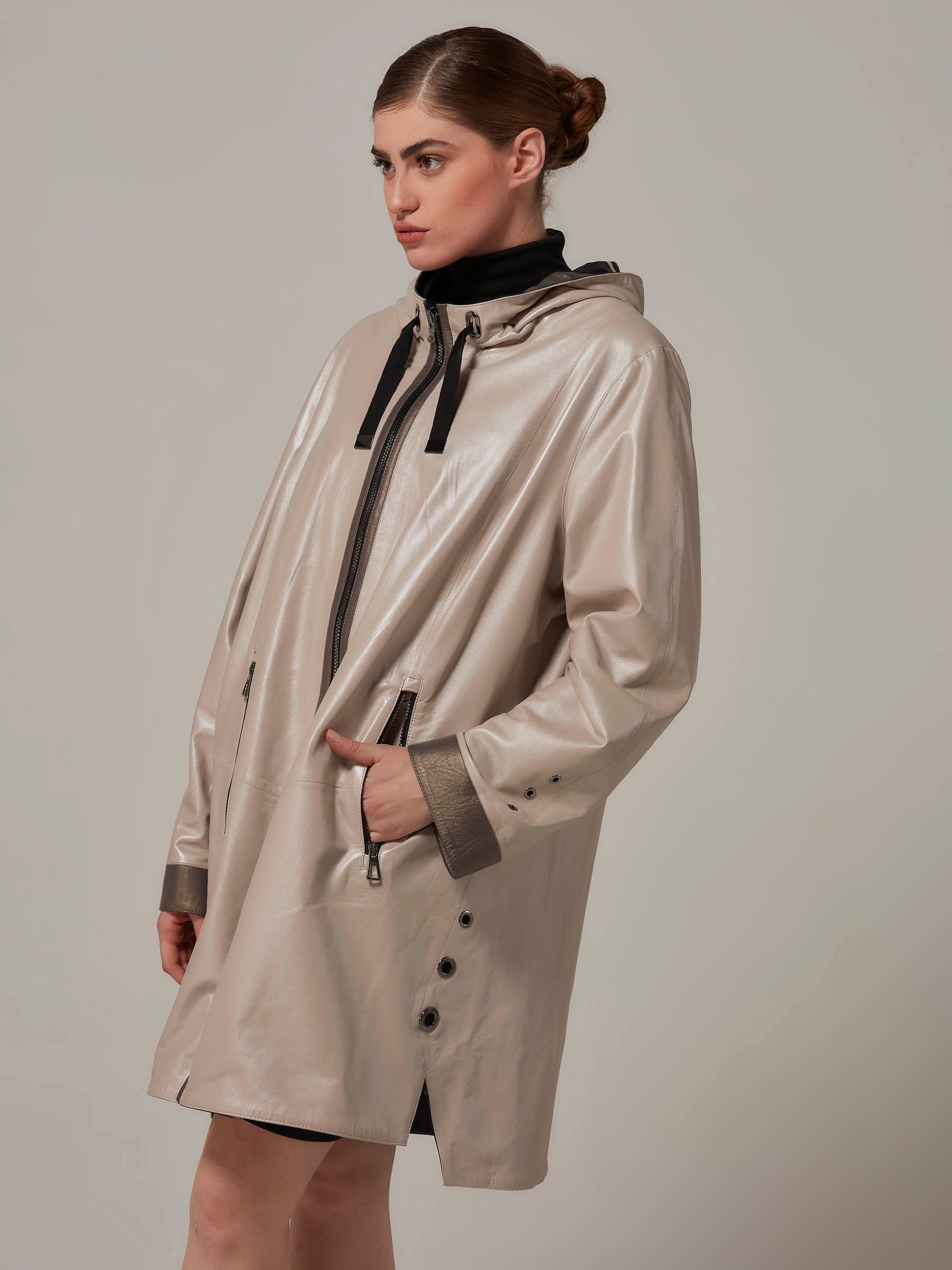 Beige and Brown Leather Coat with Hood Front Side