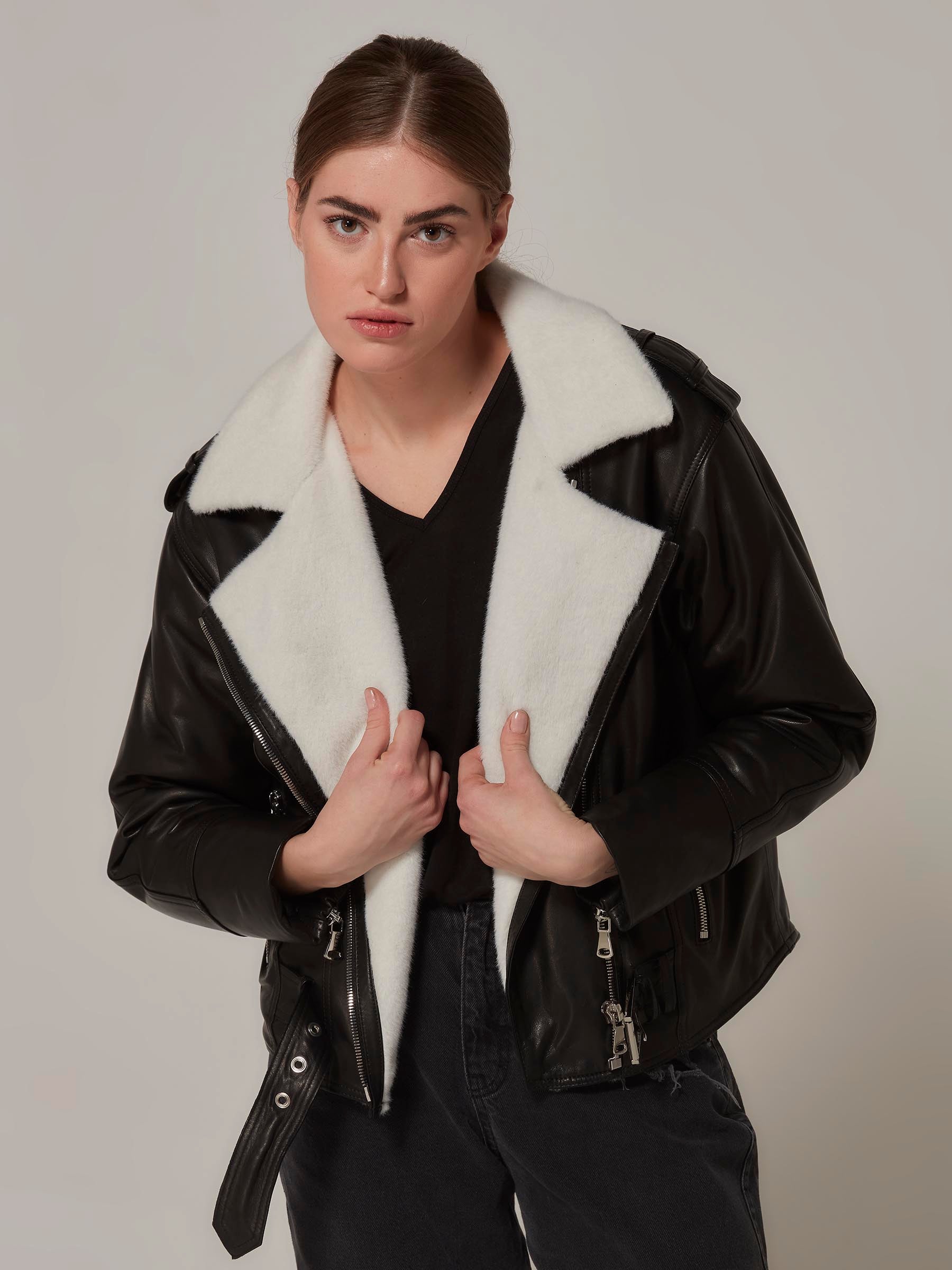 Black Lambskin Leather Shearling Motorcycle Jacket Front pose