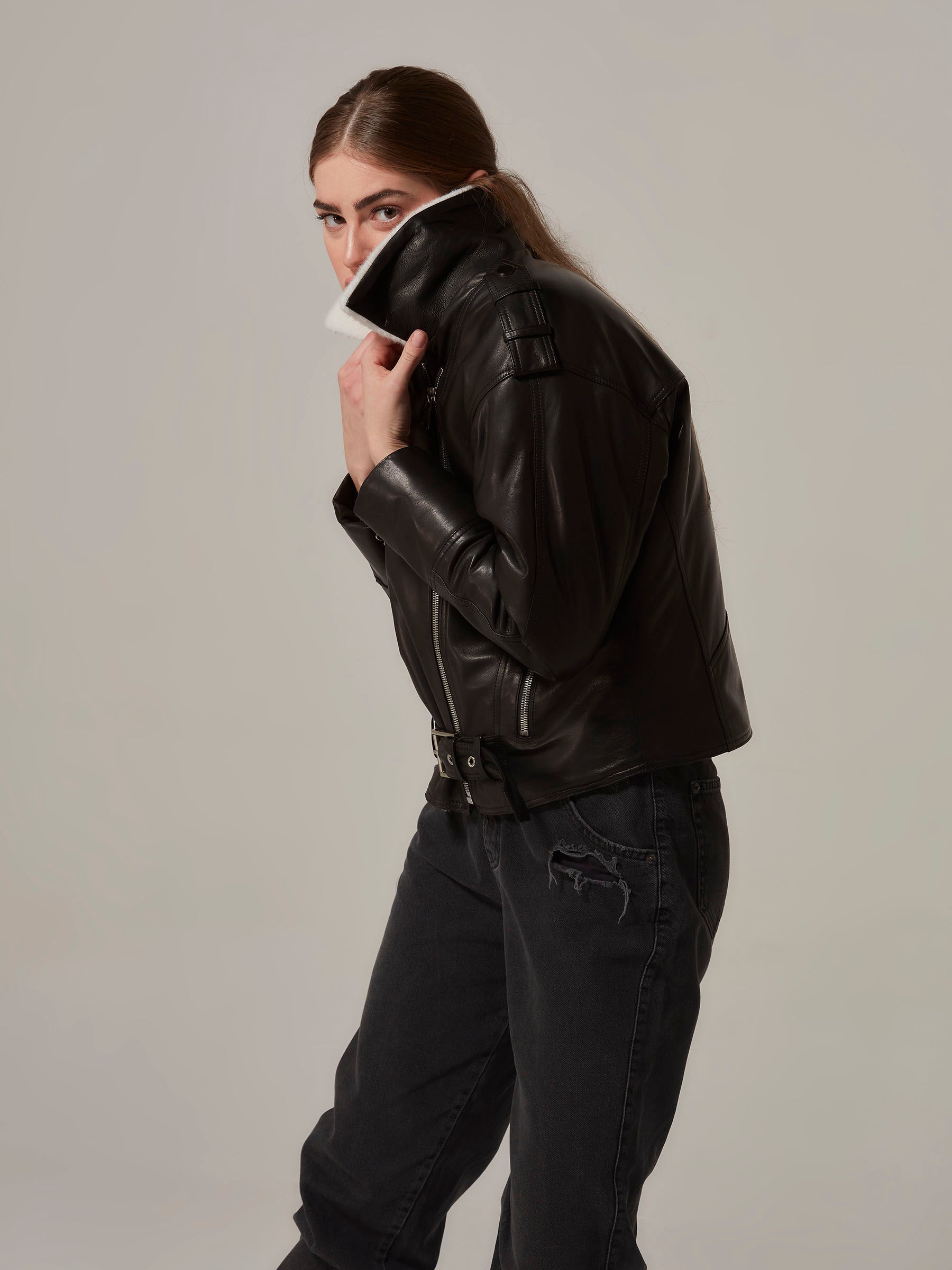 Black Lambskin Leather Shearling Motorcycle Jacket Side 