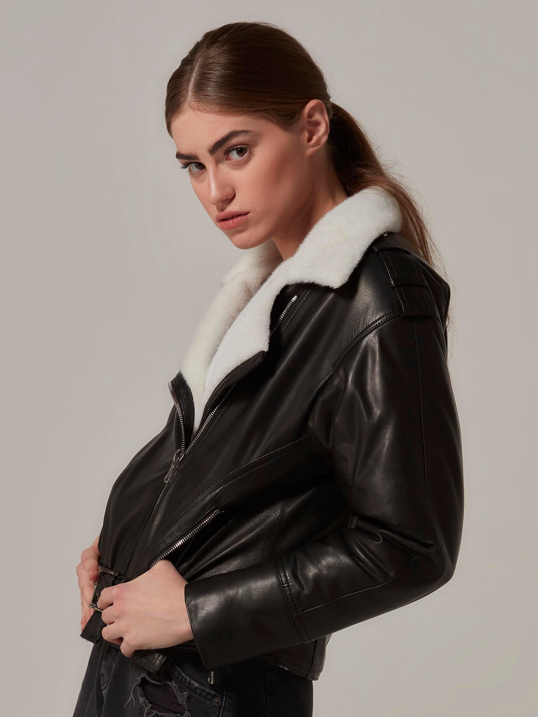 Black Lambskin Leather Shearling Motorcycle Jacket closeup