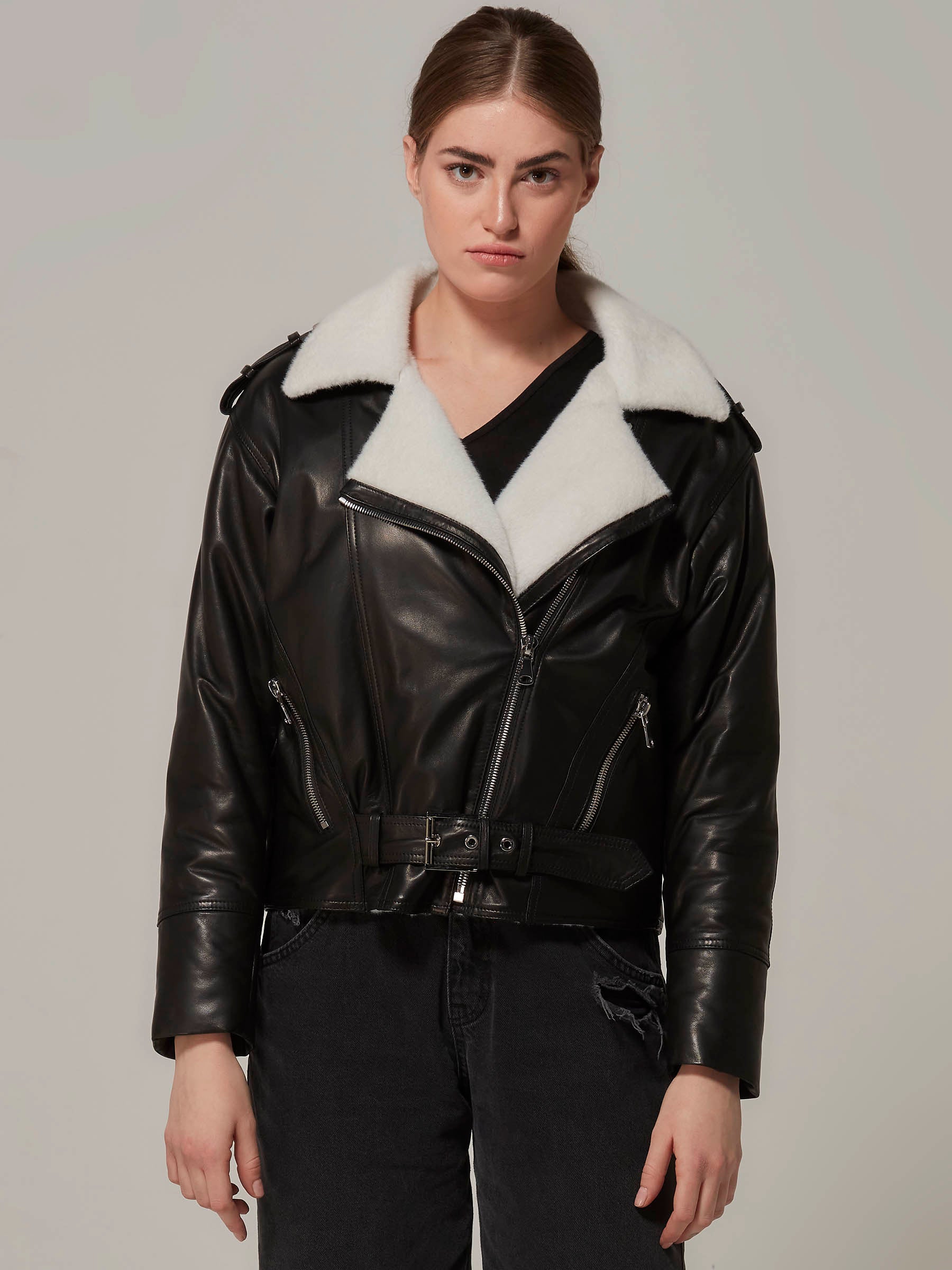 Black Lambskin Leather Shearling Motorcycle Jacket Front