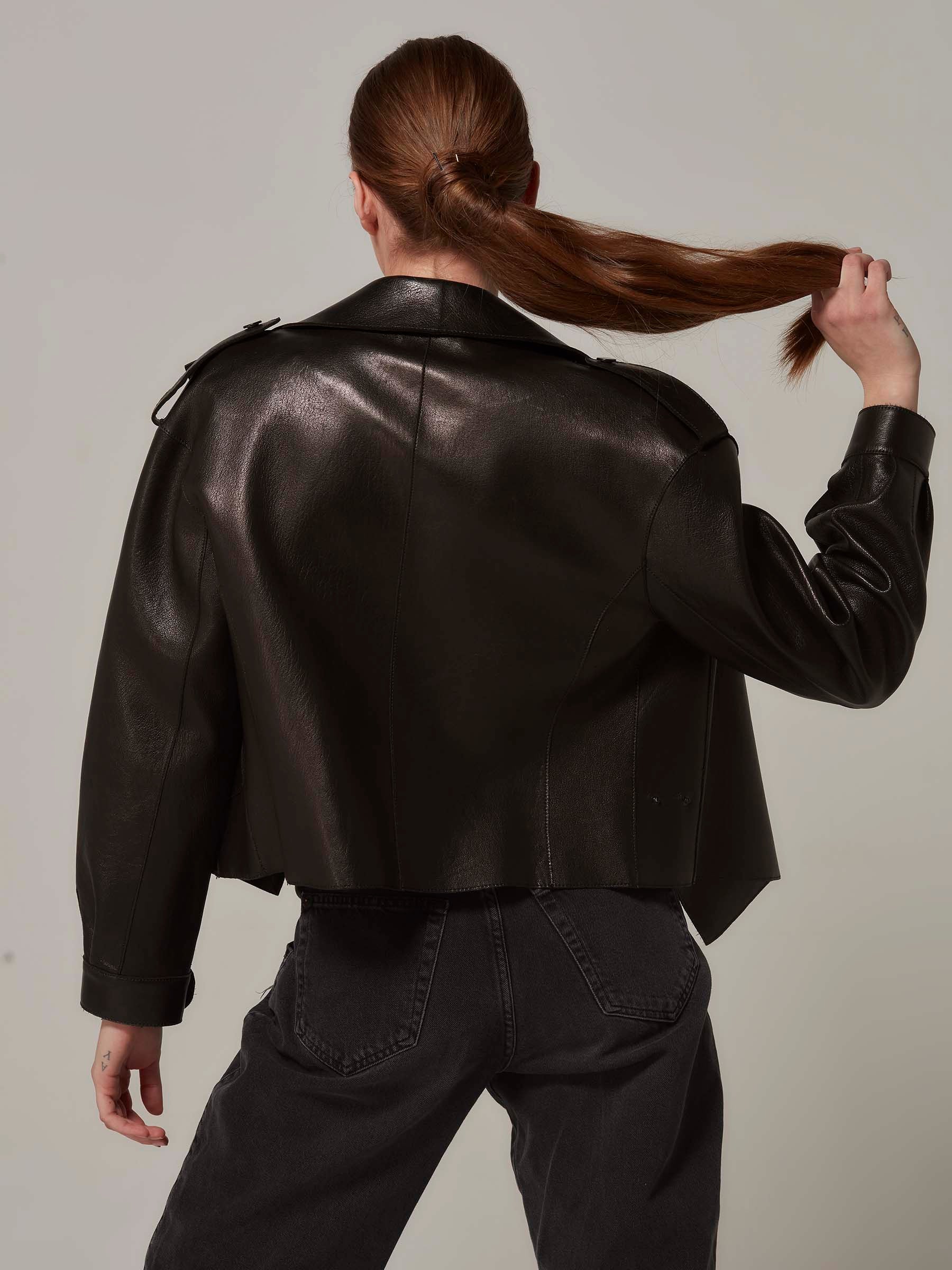 Black Oversized Leather Motorcycle Jacket - Minimalist Design back pose