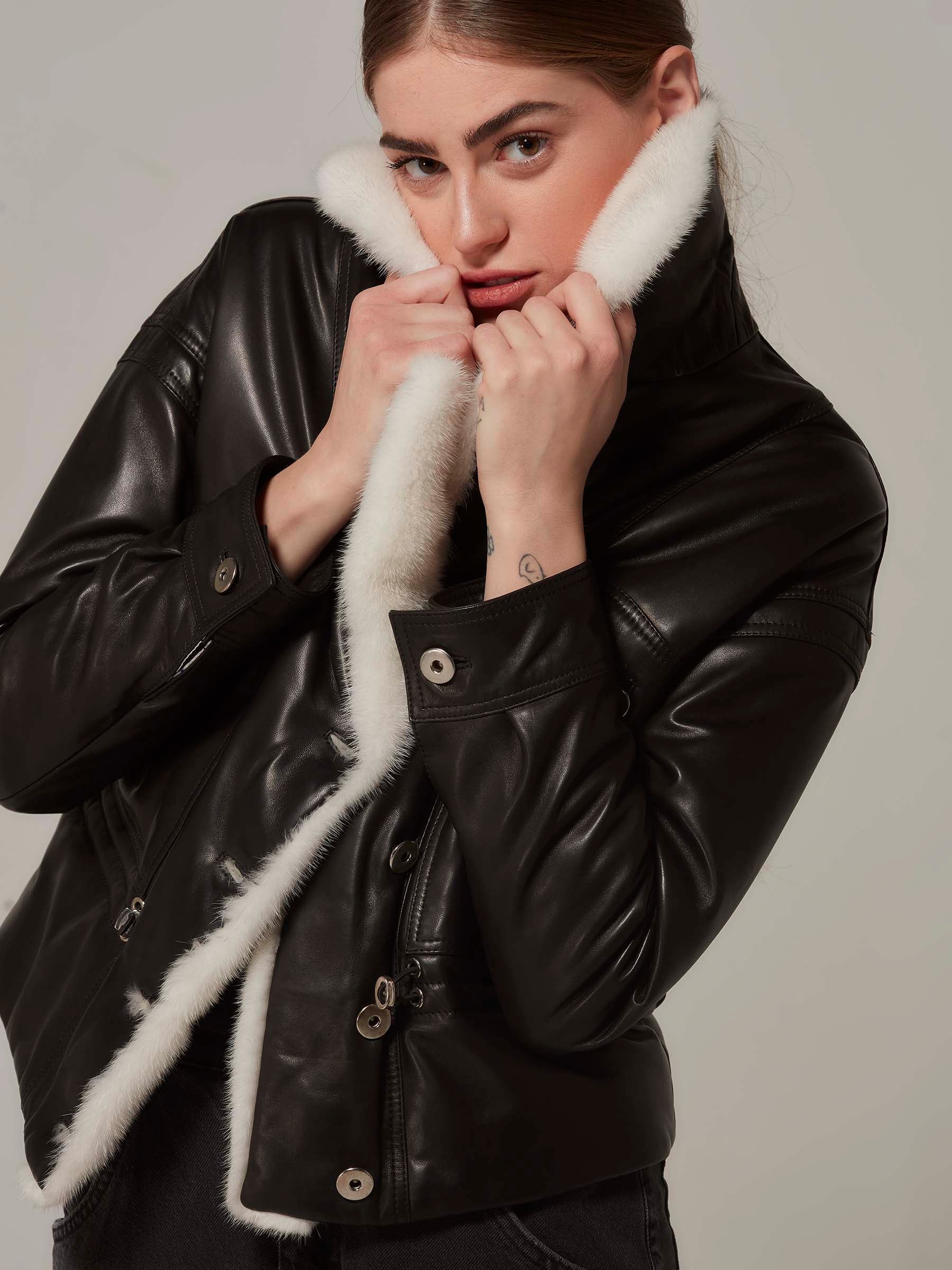 Black Leather Motorcycle Jacket with Mink Fur Collar closeup