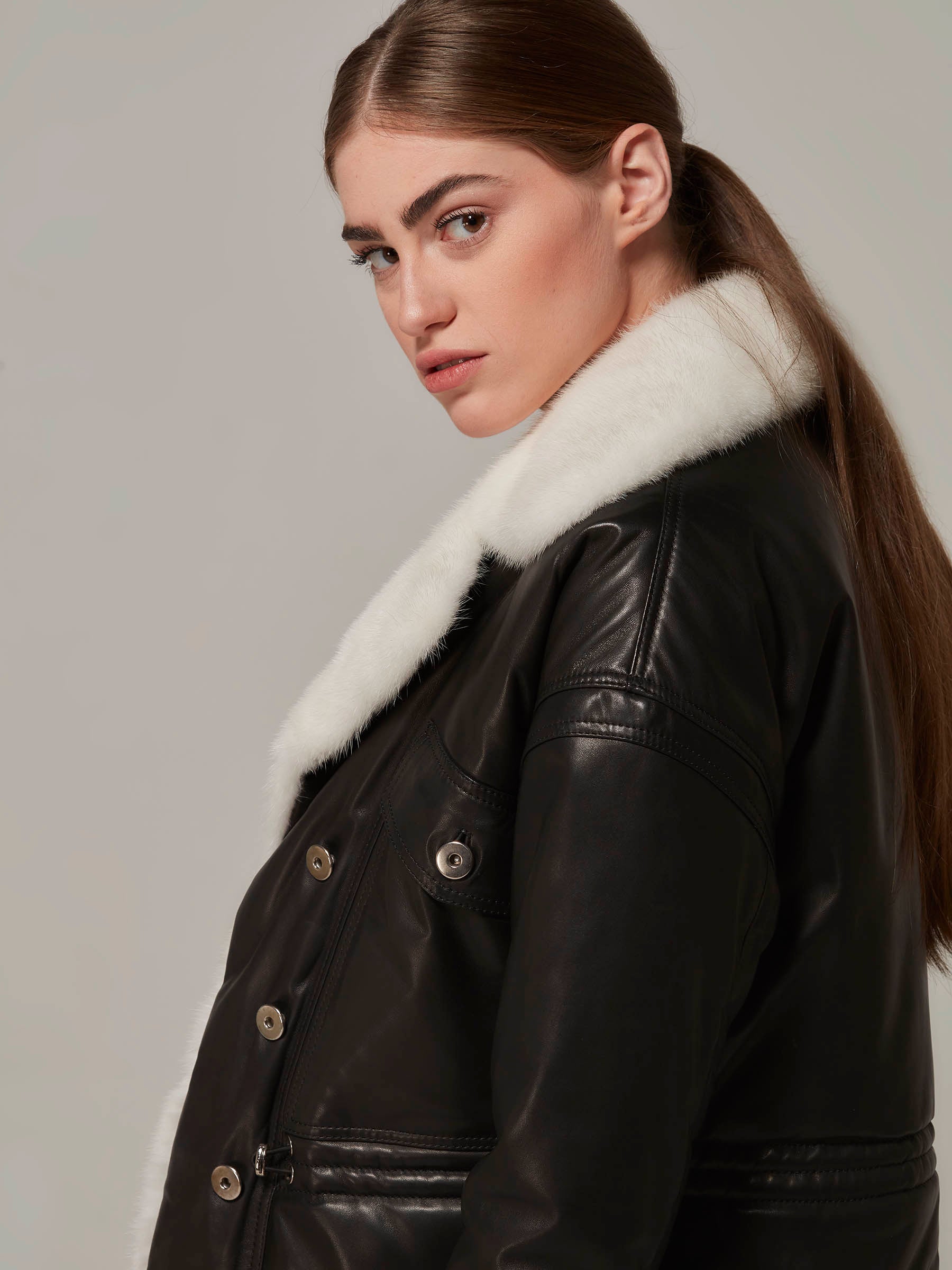 Black Leather Motorcycle Jacket with Mink Fur Collar side closeup