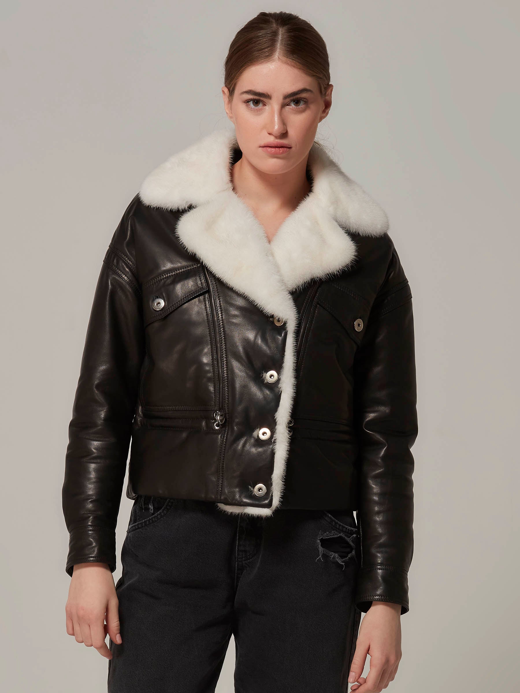 Leather moto outlet jacket with fur