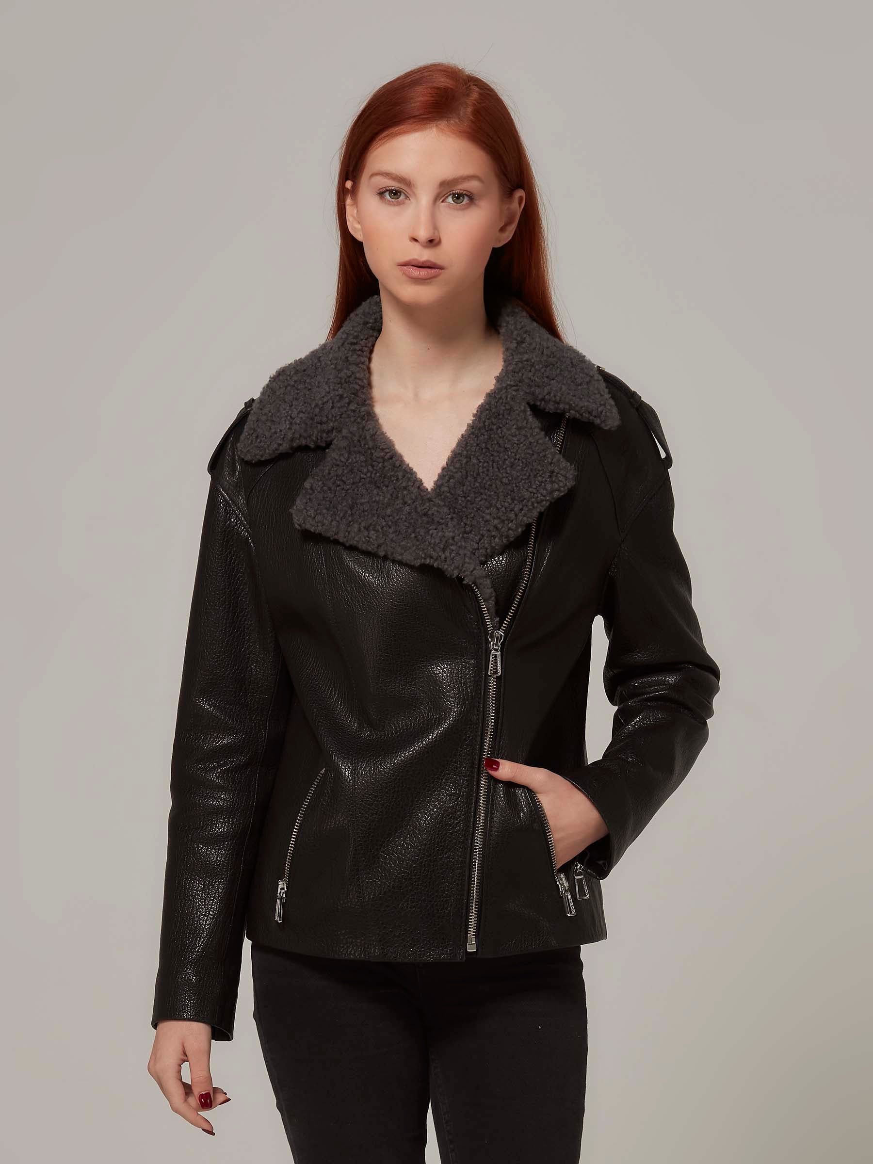 Black Oversized Leather Shearling Motorcycle Jacket front pose