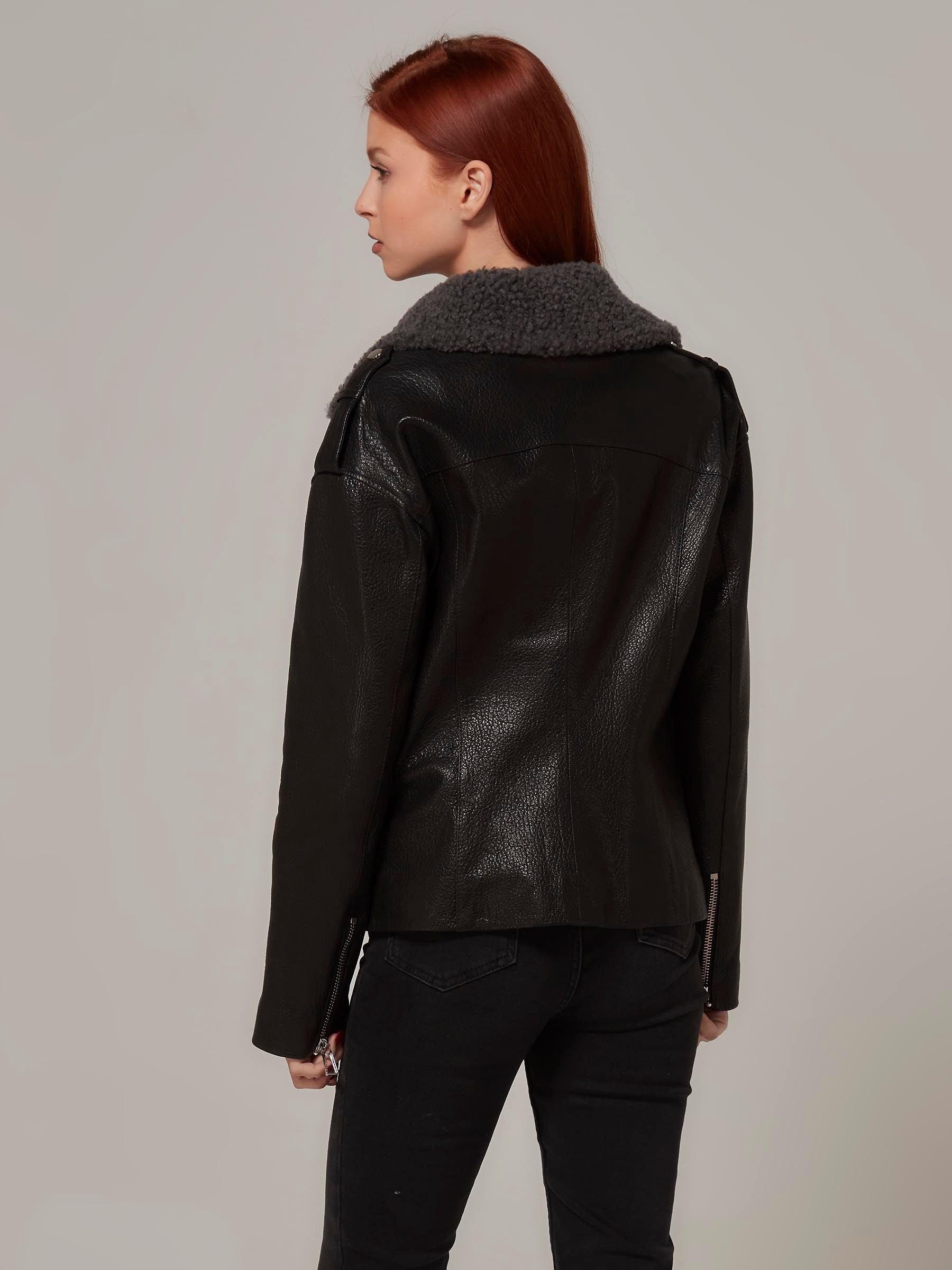 Black Oversized Leather Shearling Motorcycle Jacket back pose