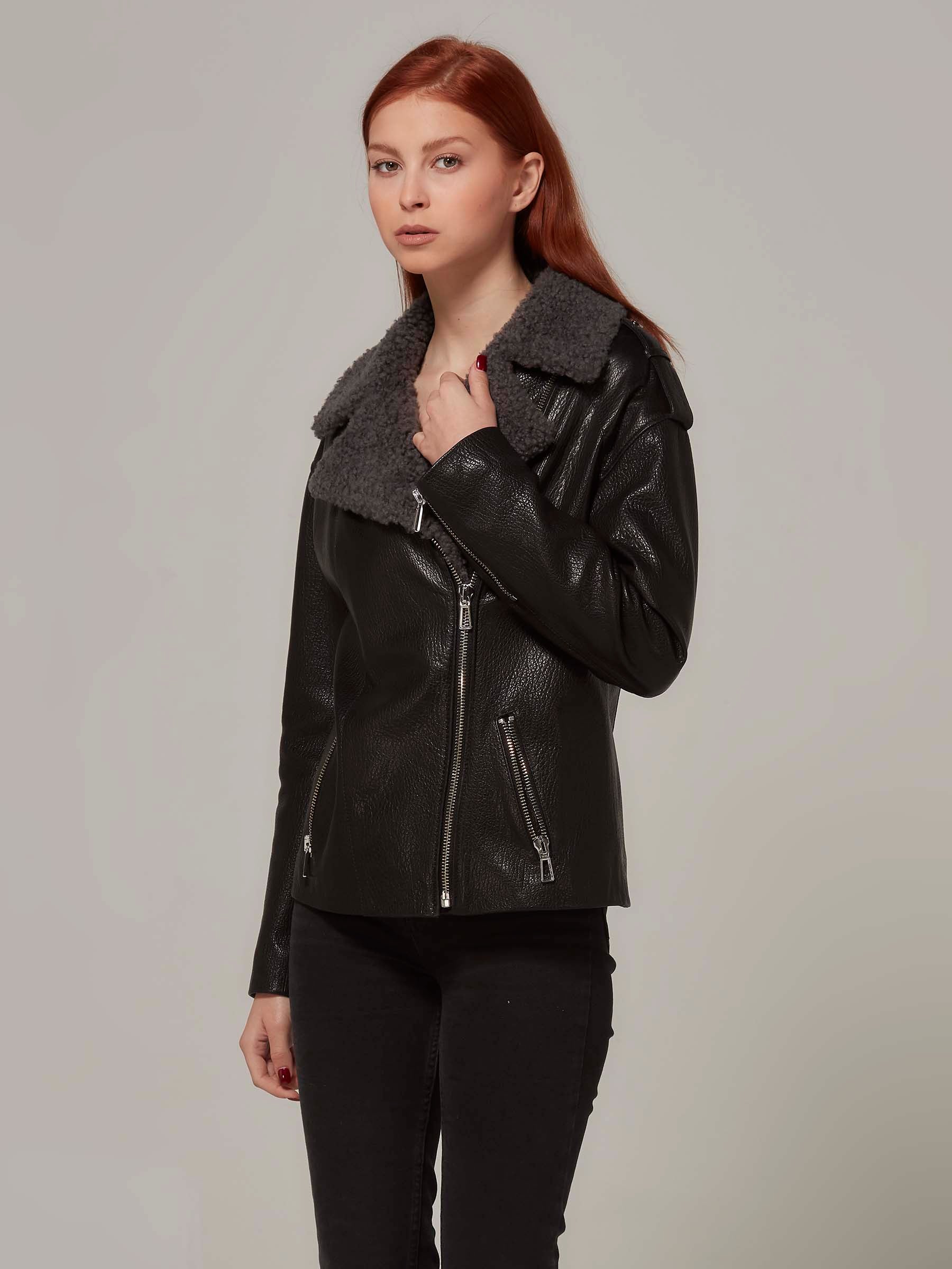 Black Oversized Leather Shearling Motorcycle Jacket front pose full