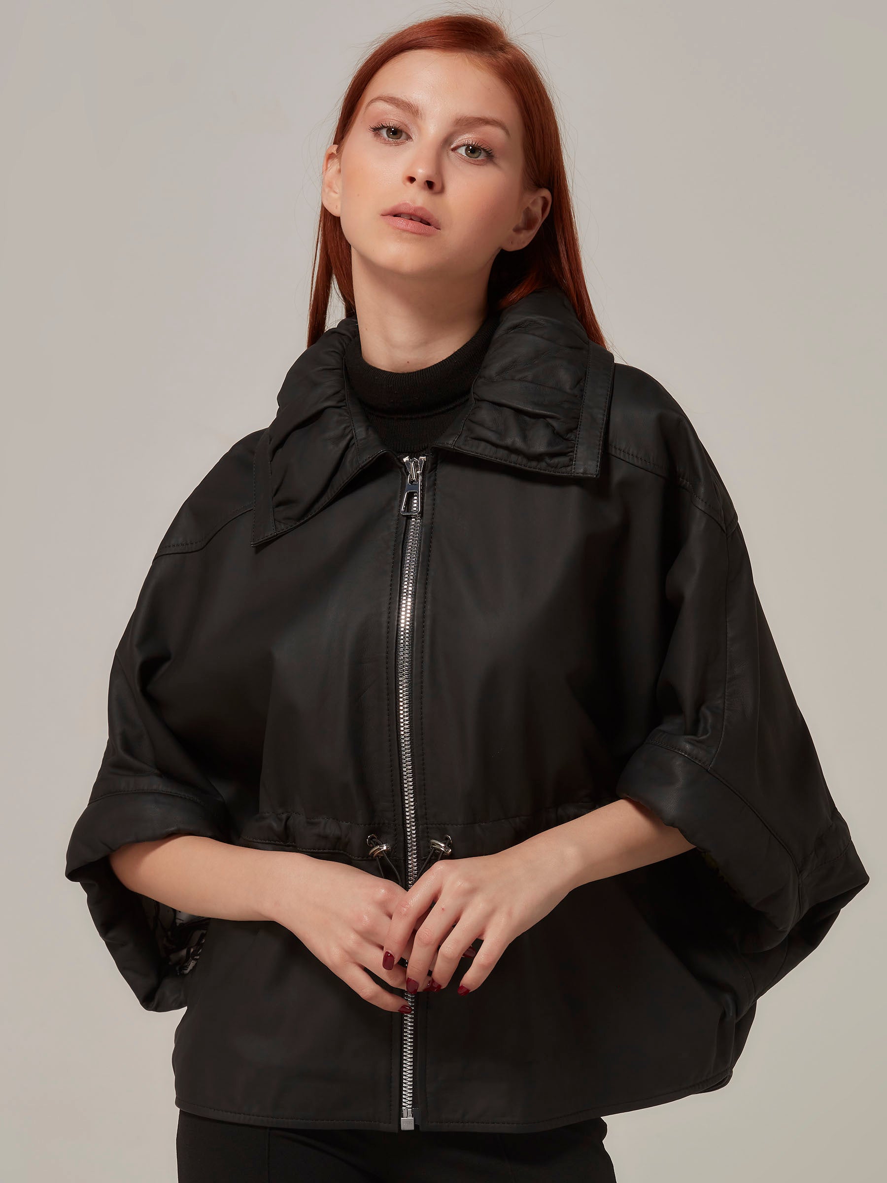 Matte Black Leather Jacket Short Sleeve front pose close up