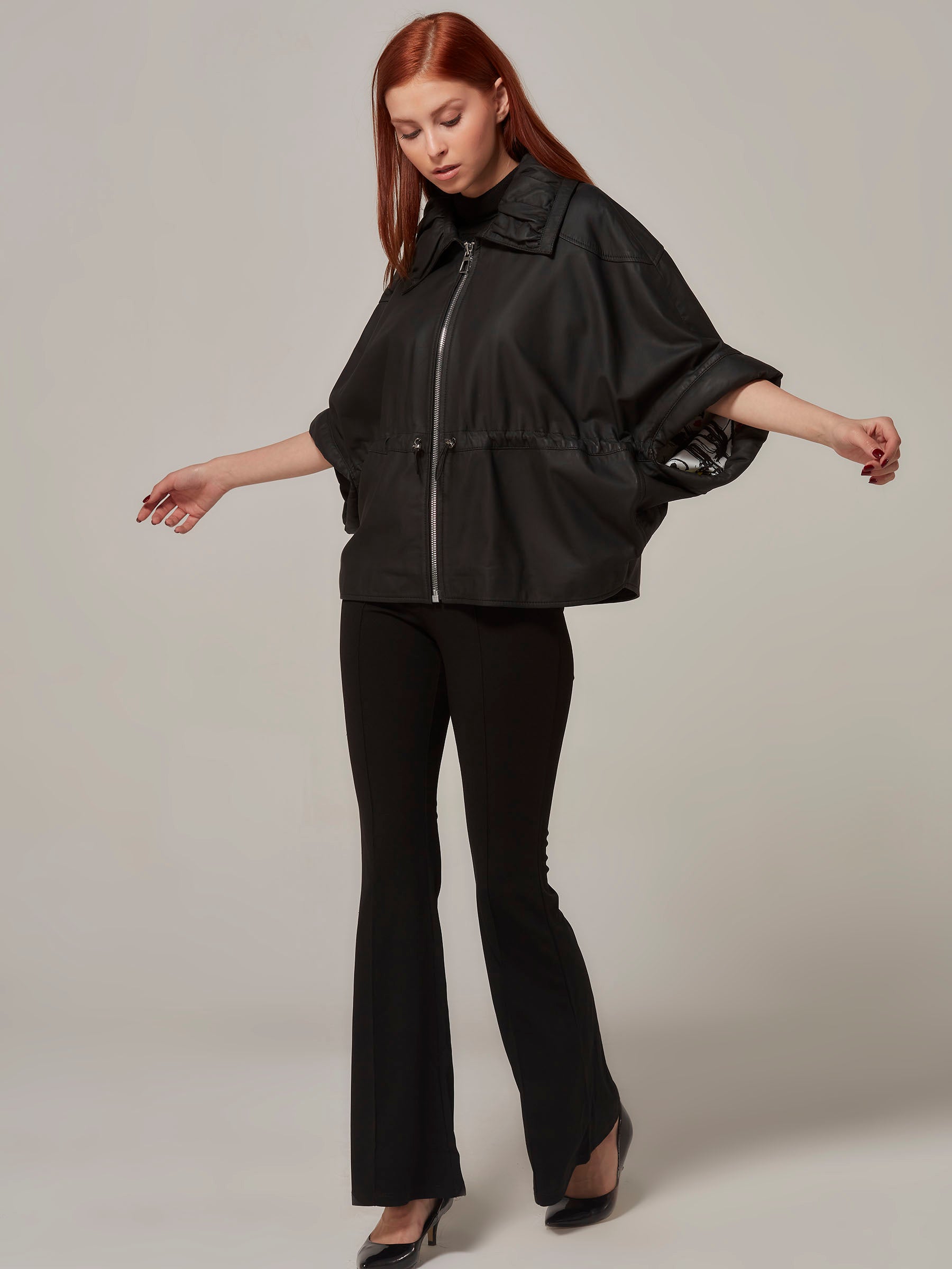 Matte Black Leather Jacket Short Sleeve front full length