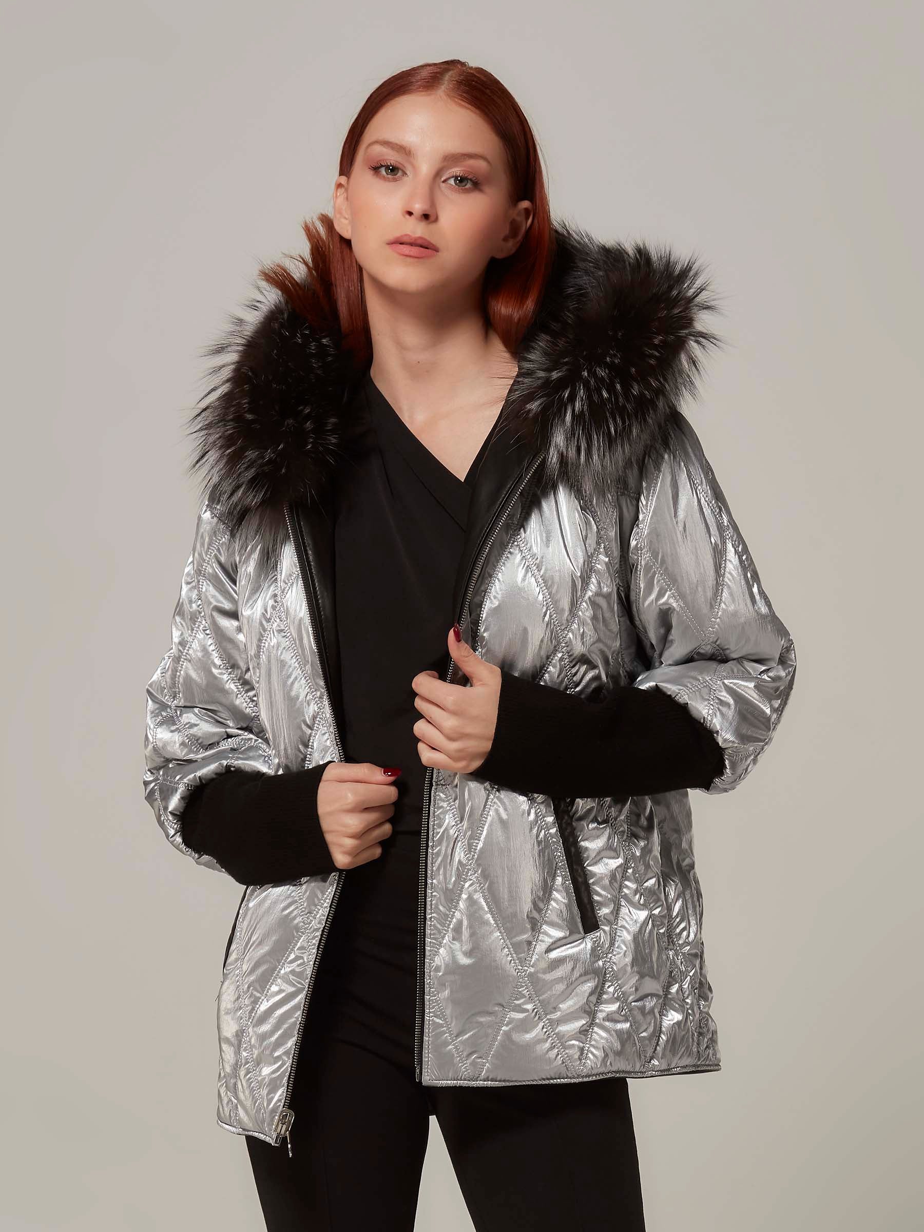 Black Reversible Leather Puffer JAcket with Fox Fur Hood front closeup metallic side