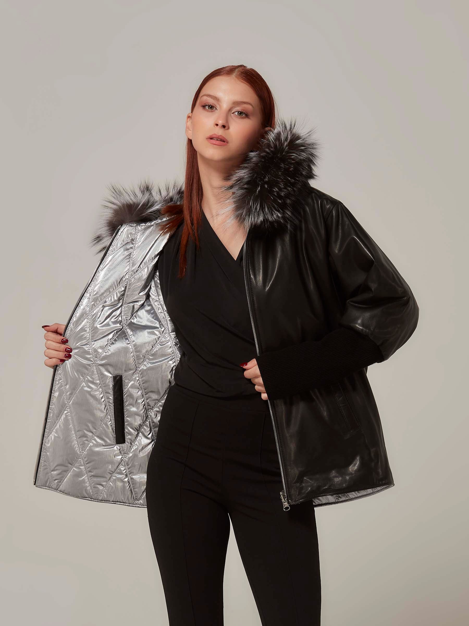 Black Reversible Leather Puffer JAcket with Fox Fur Hood front closeup