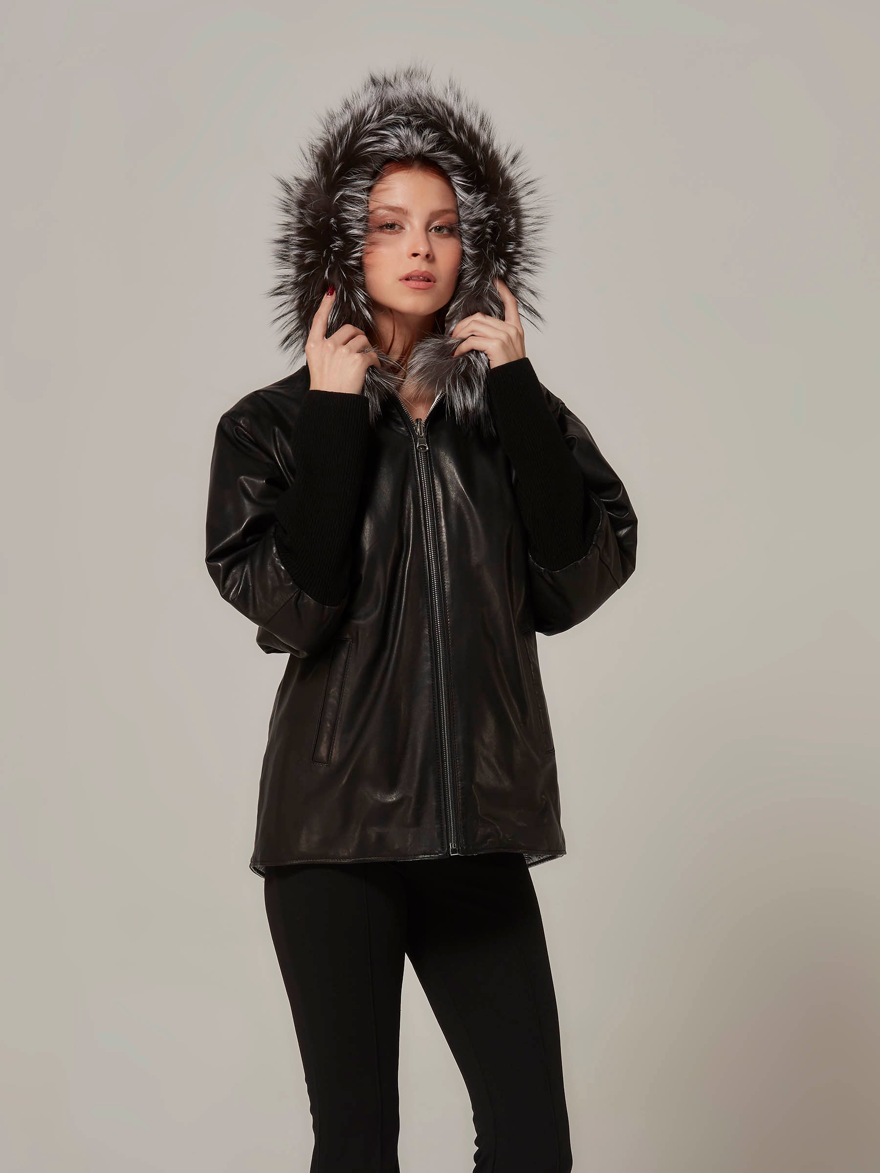 Black Reversible Leather Puffer JAcket with Fox Fur Hood front full