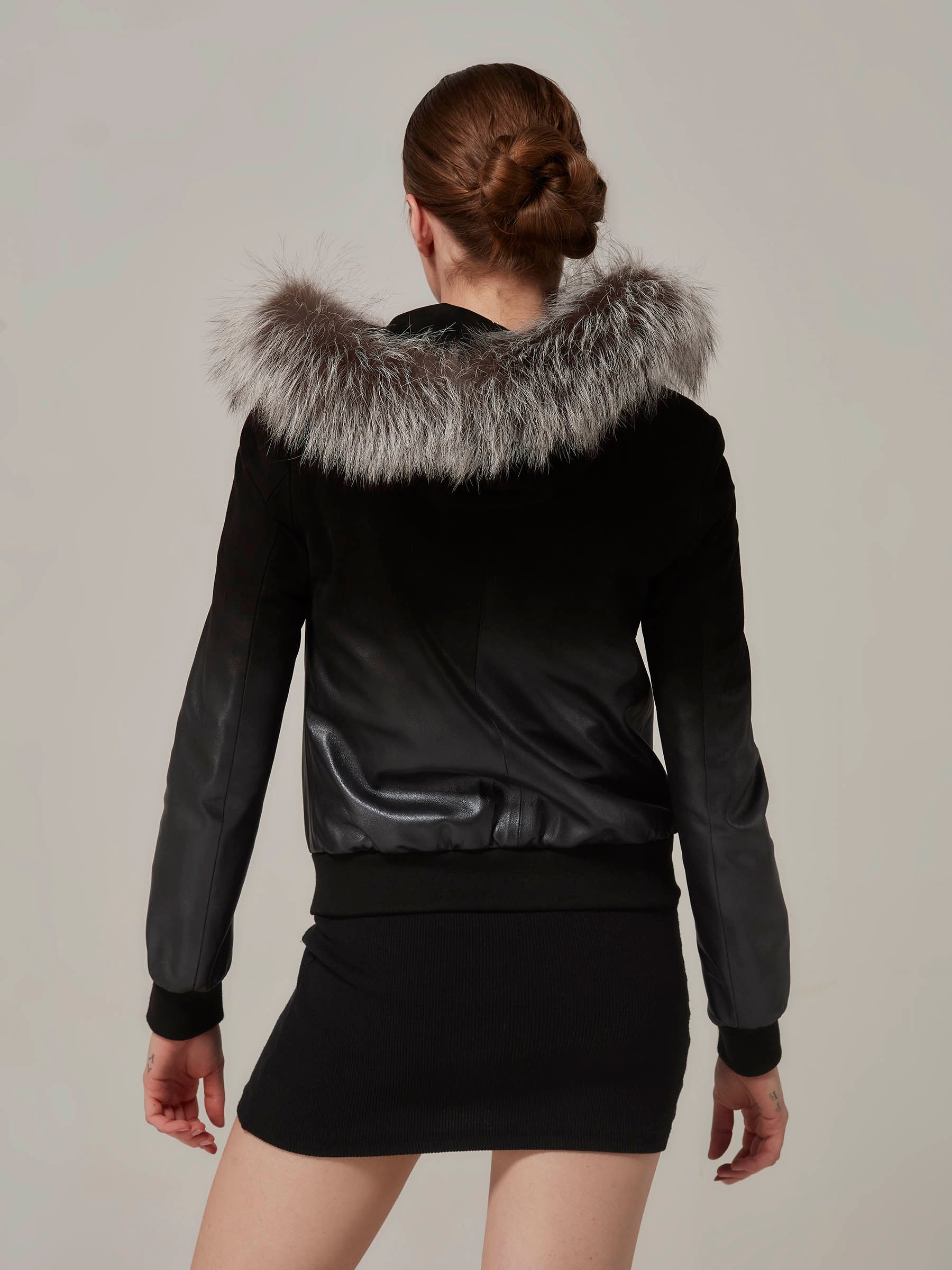 Black Leather to Suede Gradient Bomber Jacket with Fox Fur Hood back pose