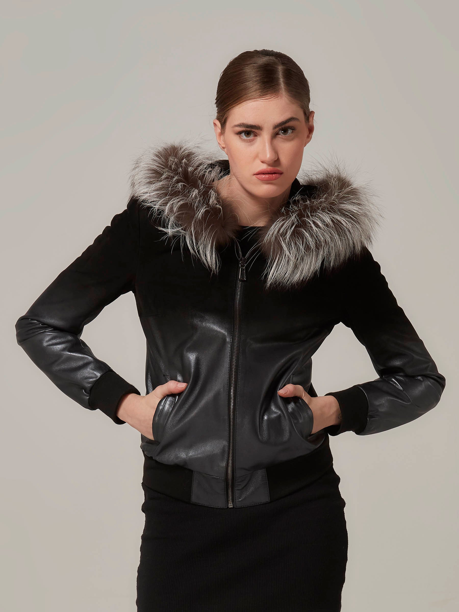 Black Leather to Suede Gradient Bomber Jacket with Fox Fur Hood front pose