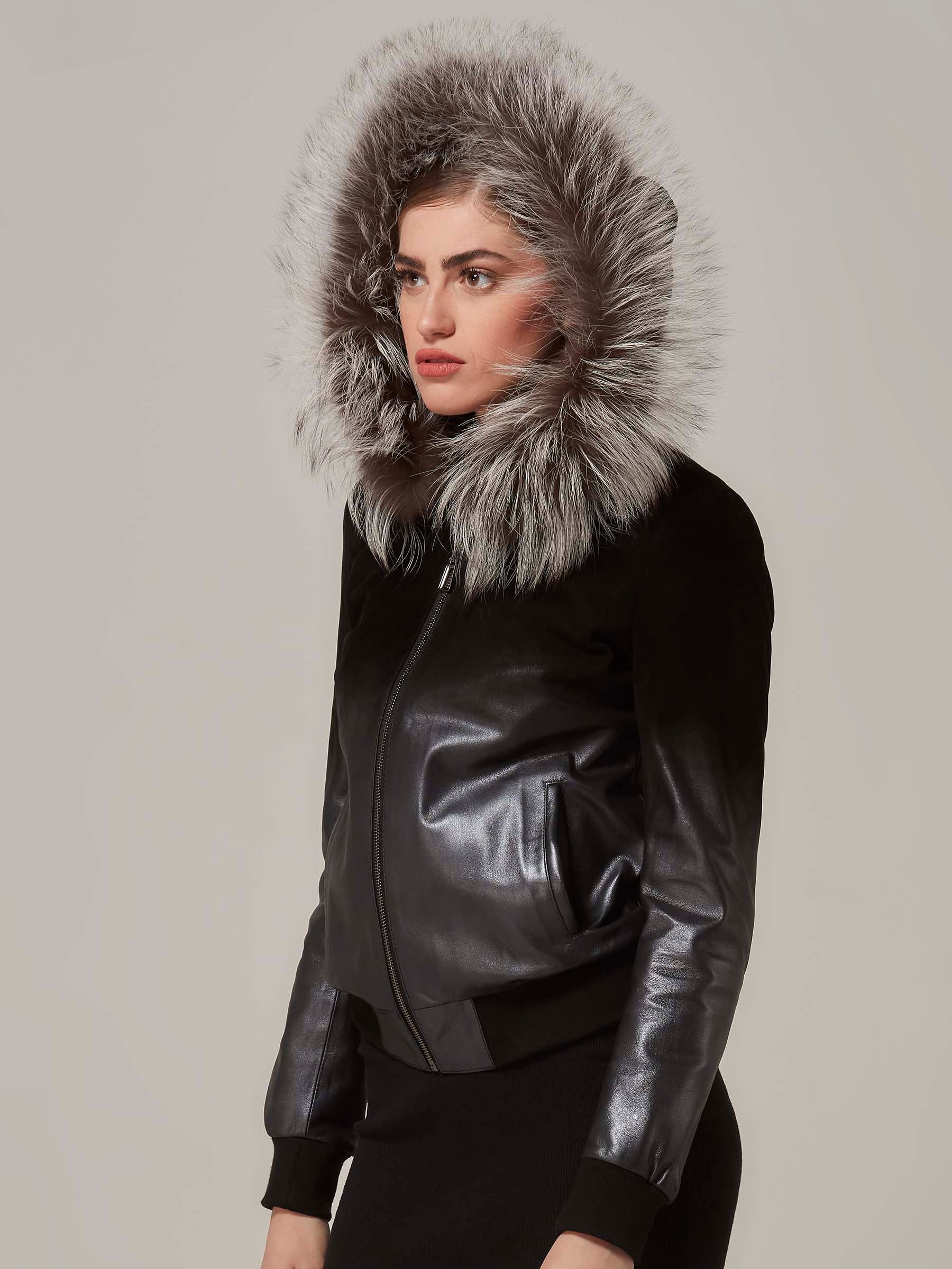 Black Leather to Suede Gradient Bomber Jacket with Fox Fur Hood side pose