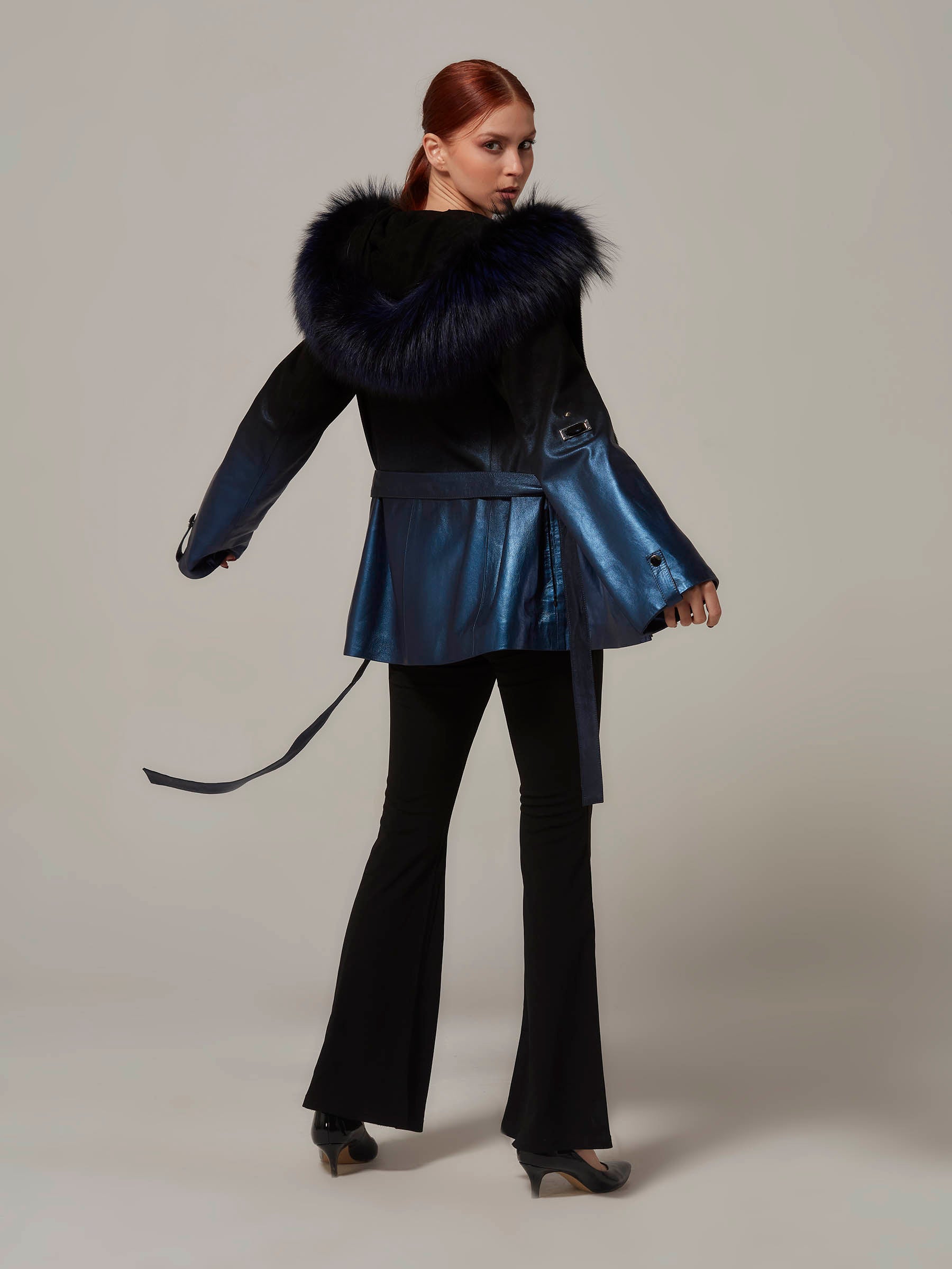 Navy Blue Leather to Black Suede Gradient Fox Fur Hood Jacket back pose full length