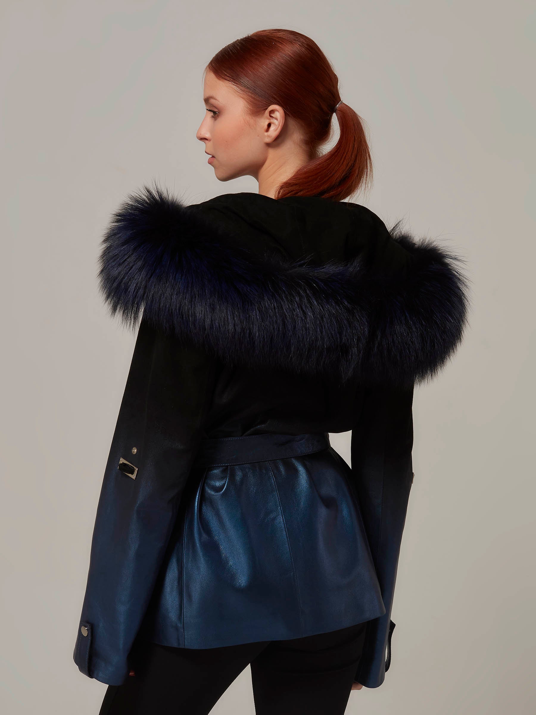 Navy Blue Leather to Black Suede Gradient Fox Fur Hood Jacket back pose close up