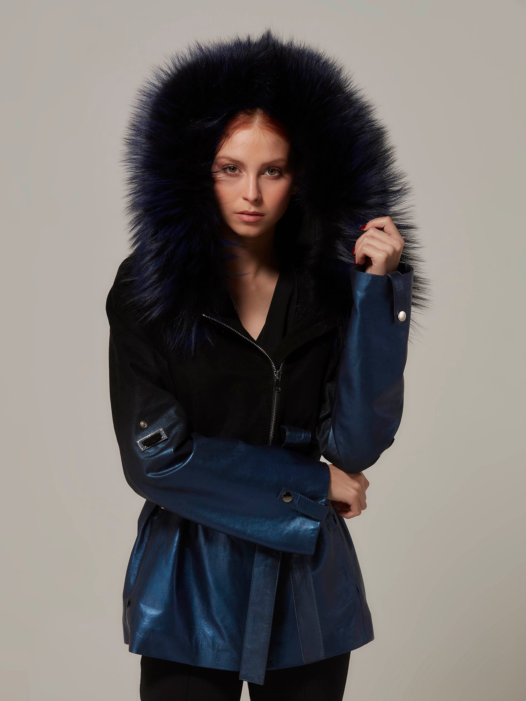 Navy Blue Leather to Black Suede Gradient Fox Fur Hood Jacket front pose close up