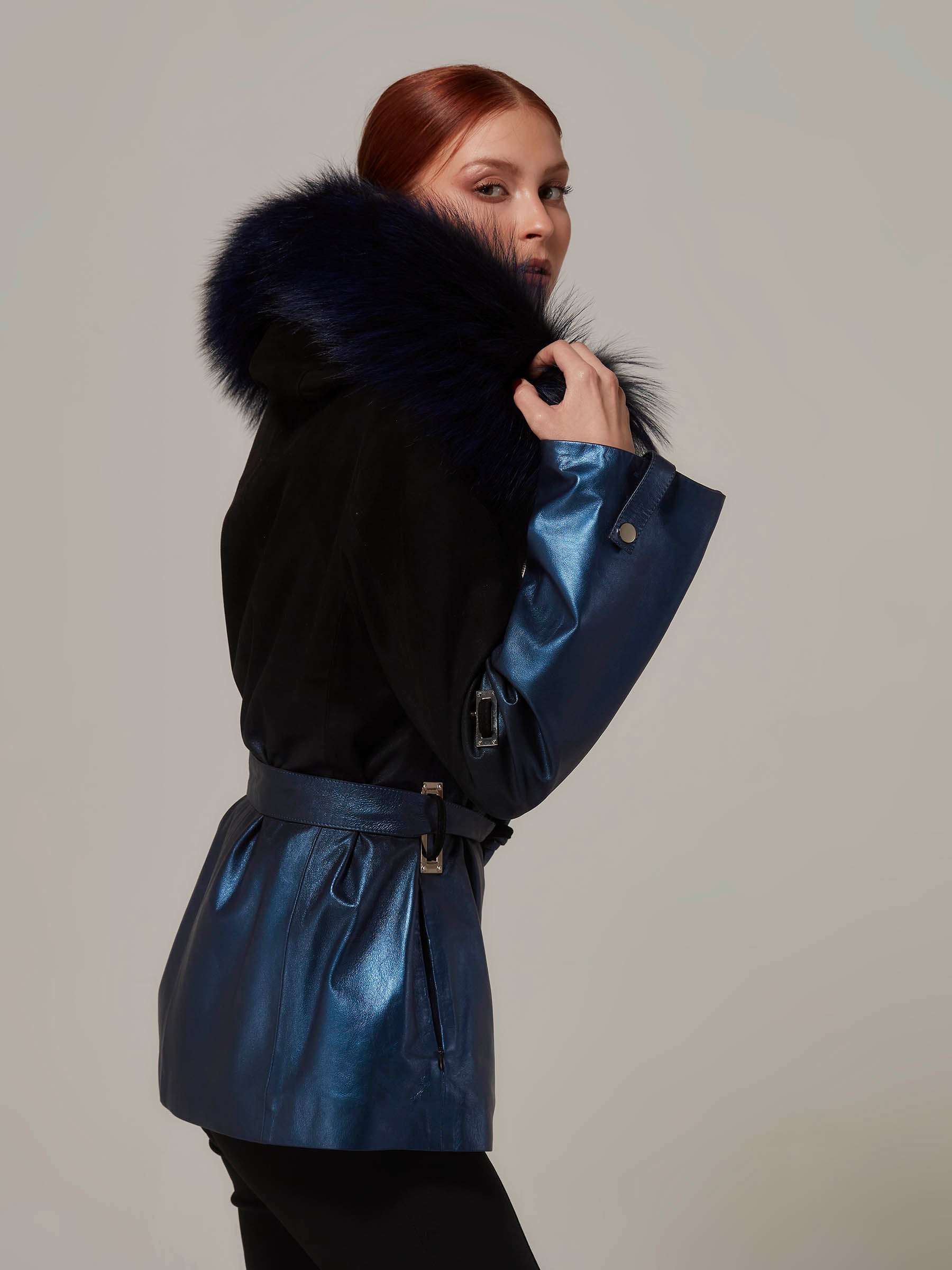Blue Leather to Black Suede Gradient Fox Fur Hood Jacket | GORGONS