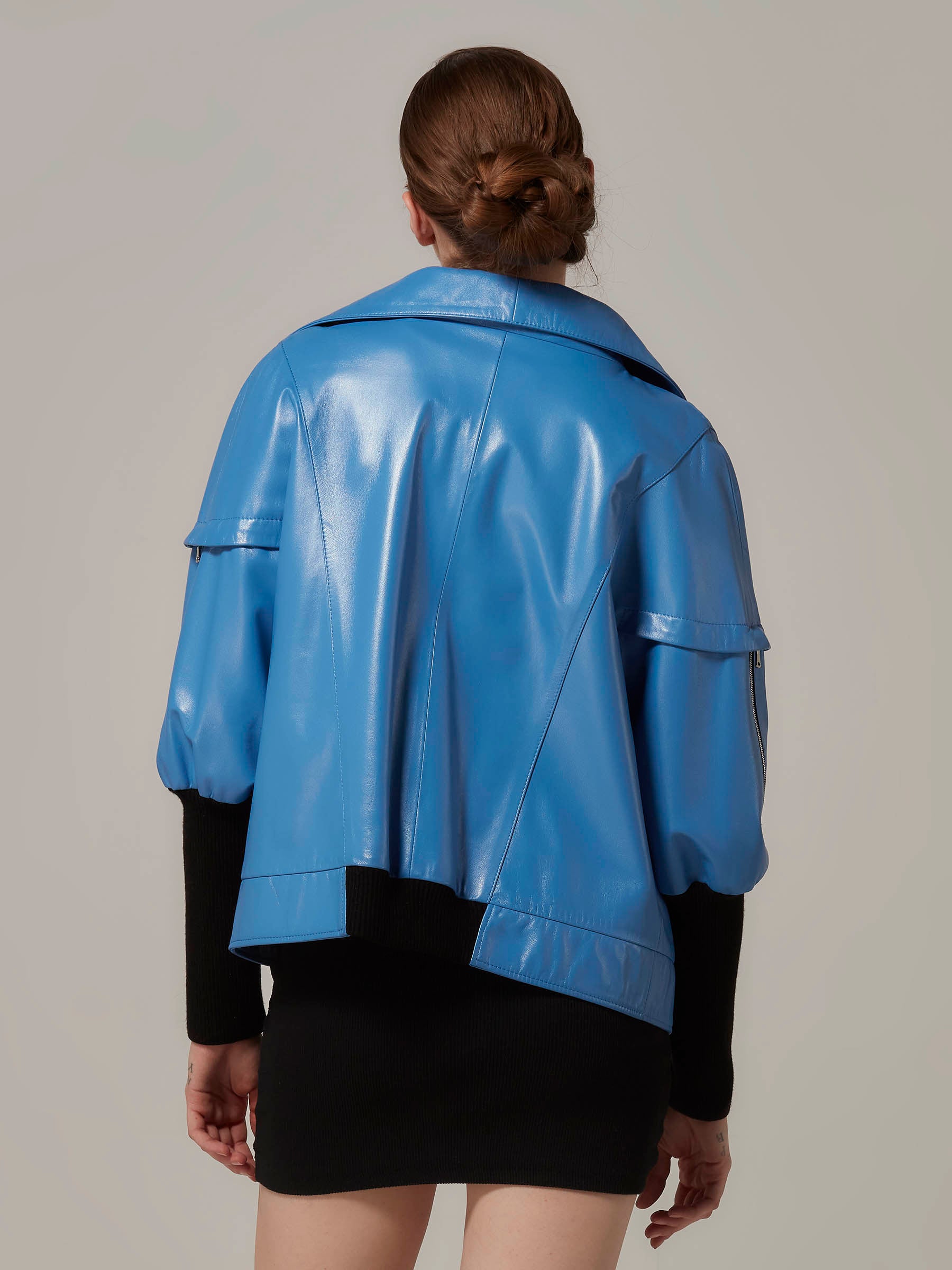 Blue Leather Jacket with Knitted Wool Sleeve back pose