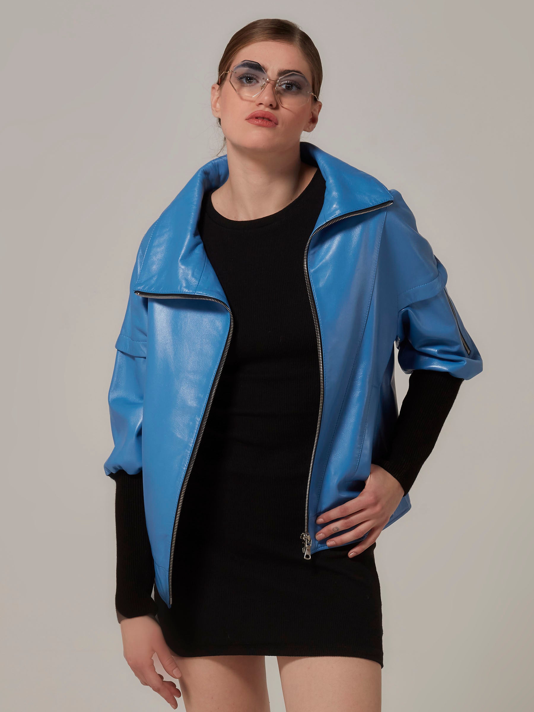 Blue Leather Jacket with Knitted Wool Sleeve front pose closeup 