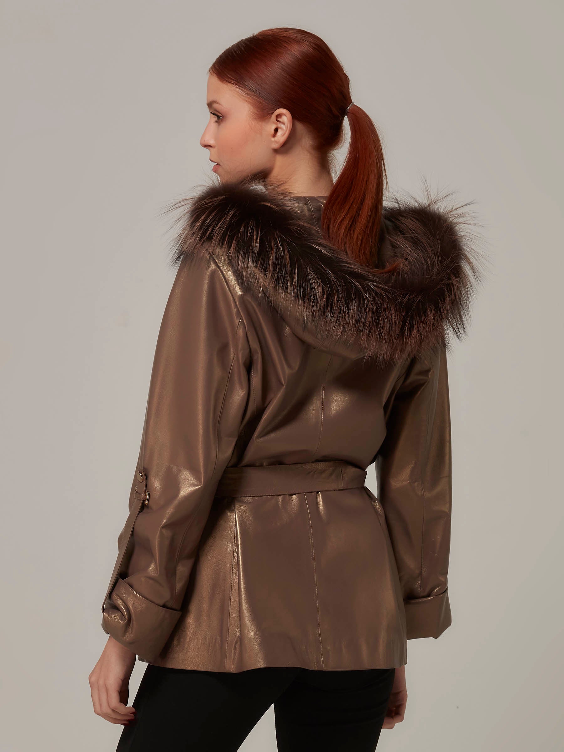 Bronze Leather Jacket with Fox Fur Hood back pose