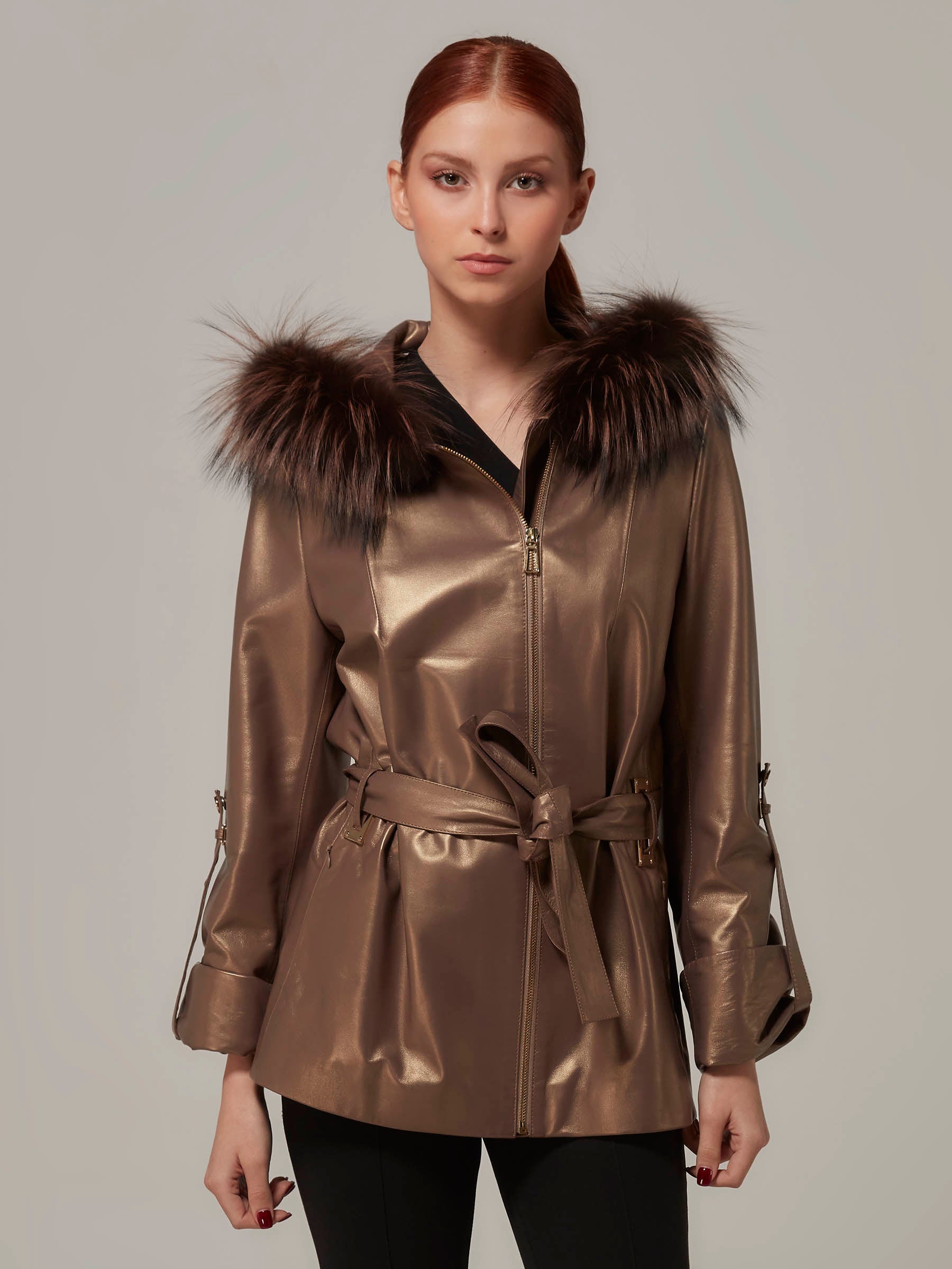 Bronze Leather Jacket with Fox Fur Hood front pose