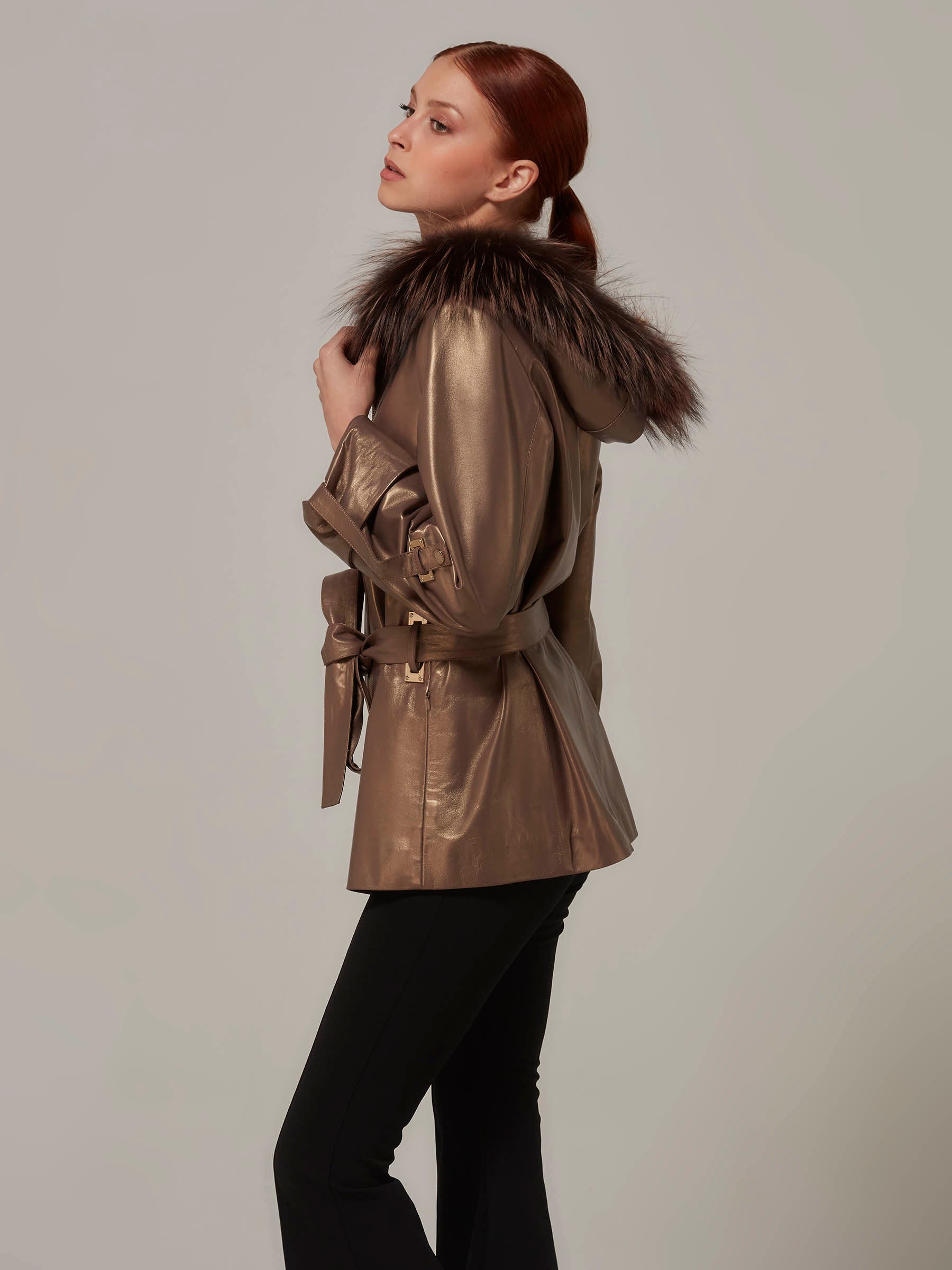 Bronze Leather Jacket with Fox Fur Hood side pose full length