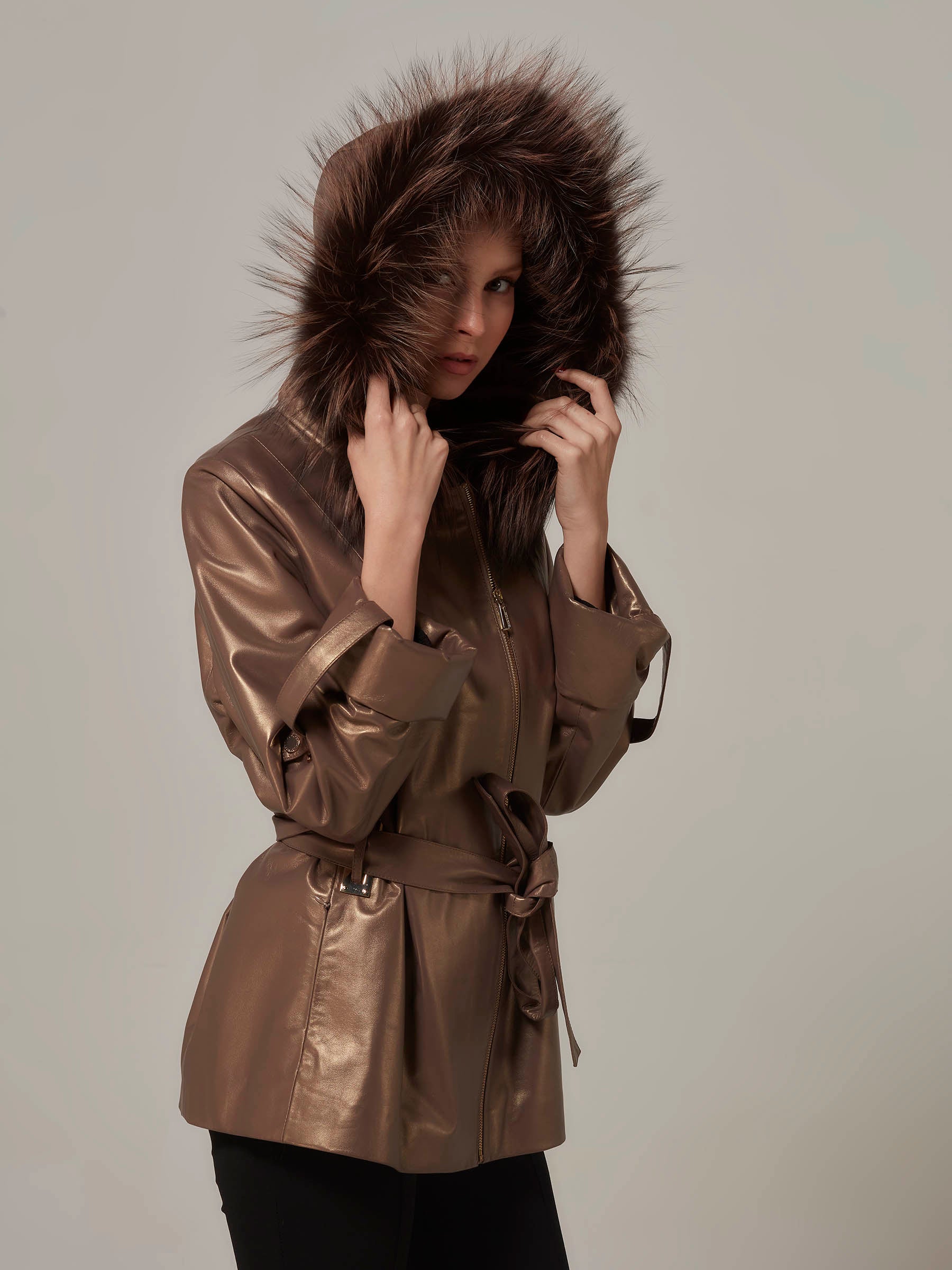 Bronze Leather Jacket with Fox Fur Hood side pose