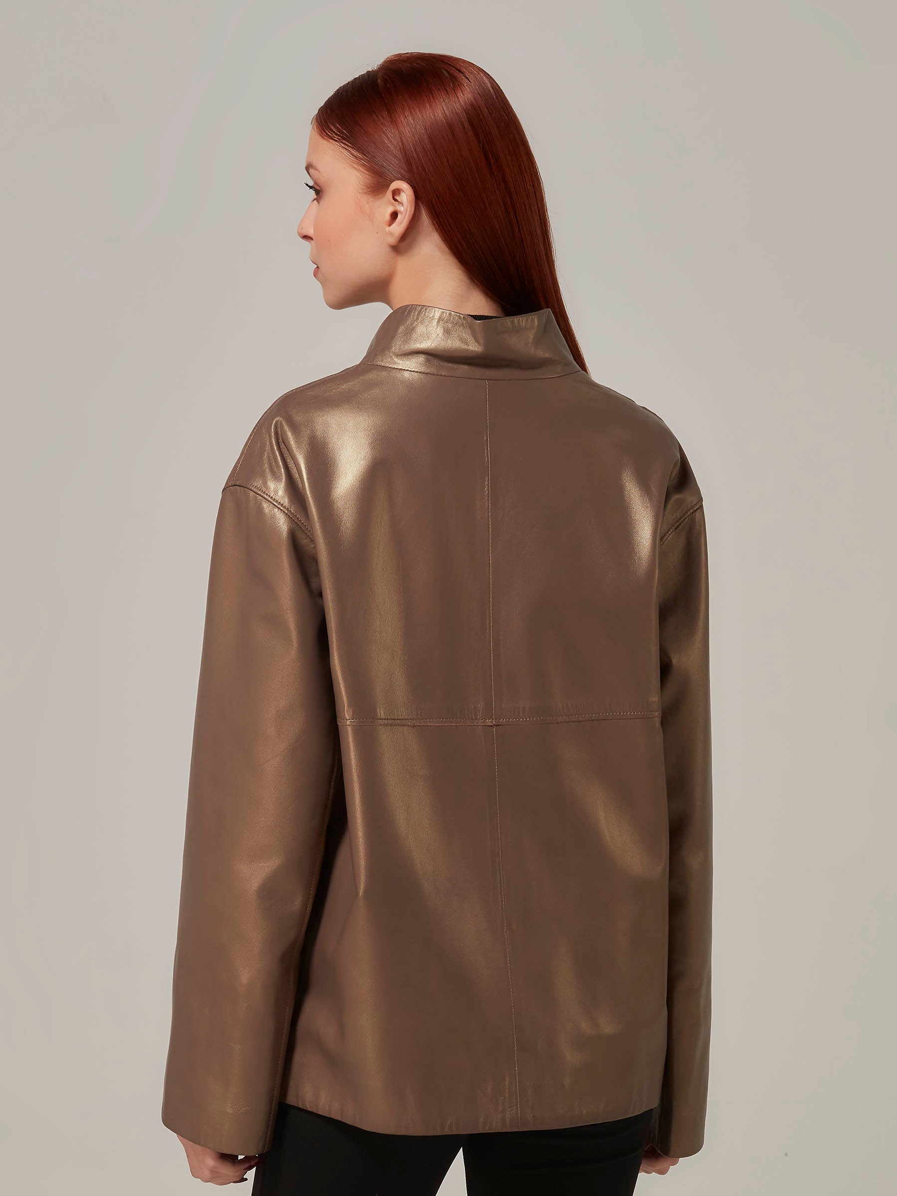 Bronze Leather Jacket Relaxed Fit back pose