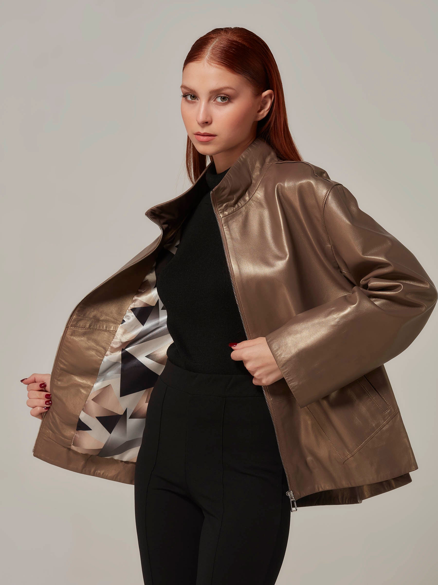 Bronze Leather Jacket Relaxed Fit front pose close up