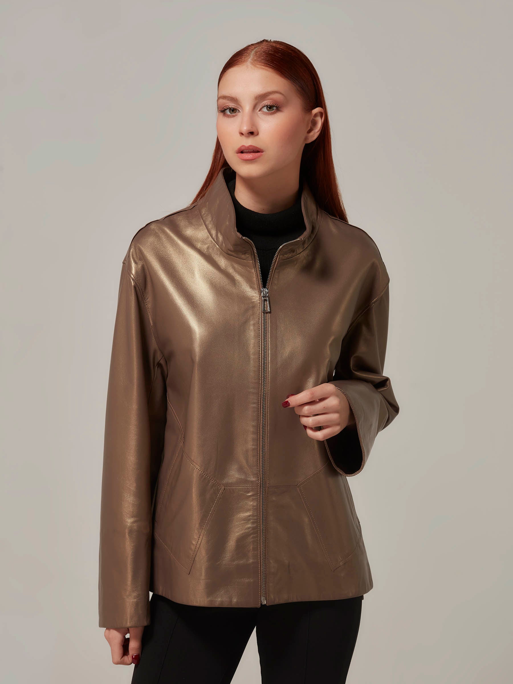 Bronze Leather Jacket Relaxed Fit front 