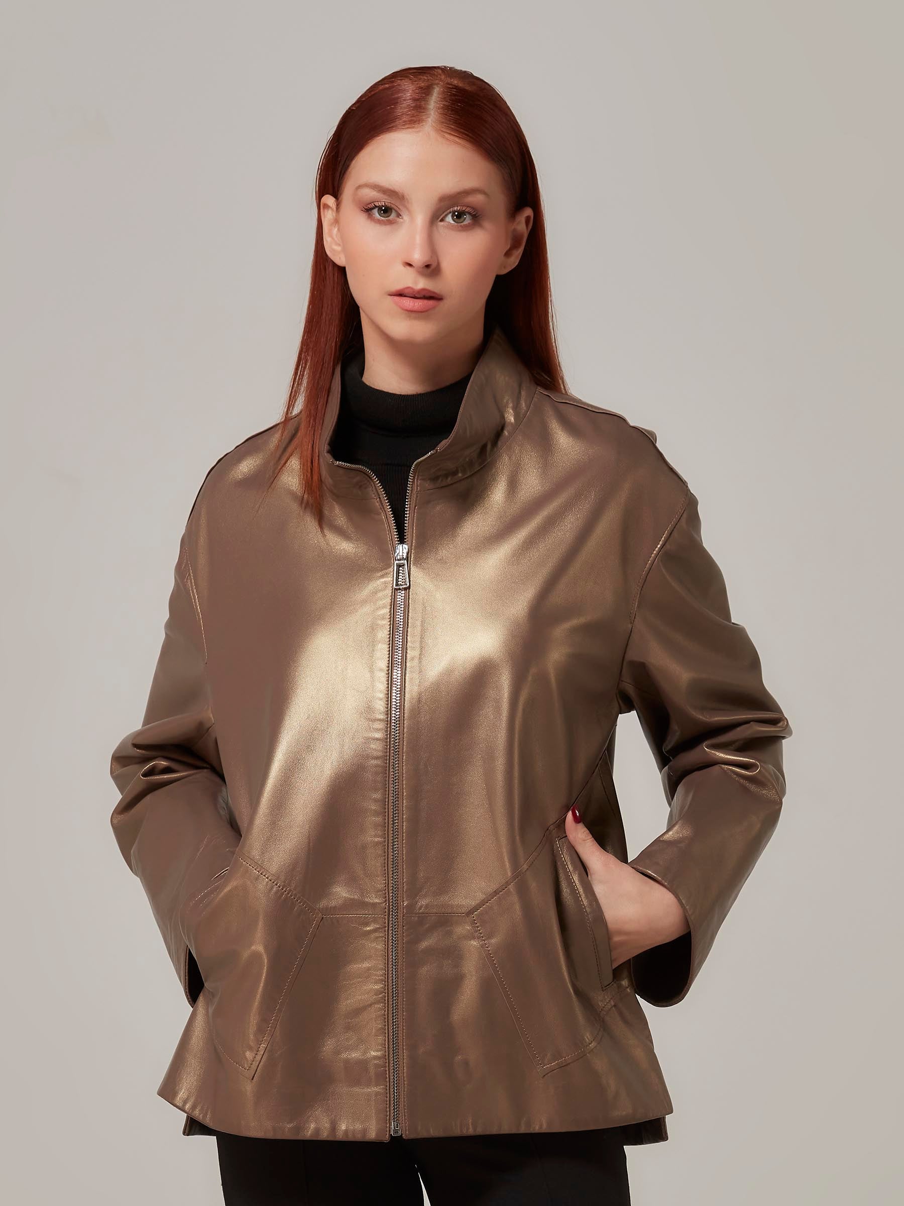 Bronze Leather Jacket Relaxed Fit front closeup